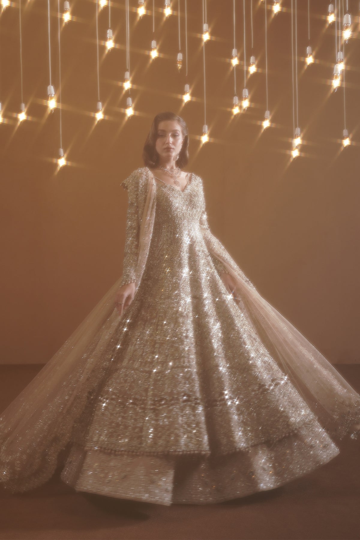 Pakistani Champagne Gold Embellished Net Bridal Gown (2-Piece) - Image 7