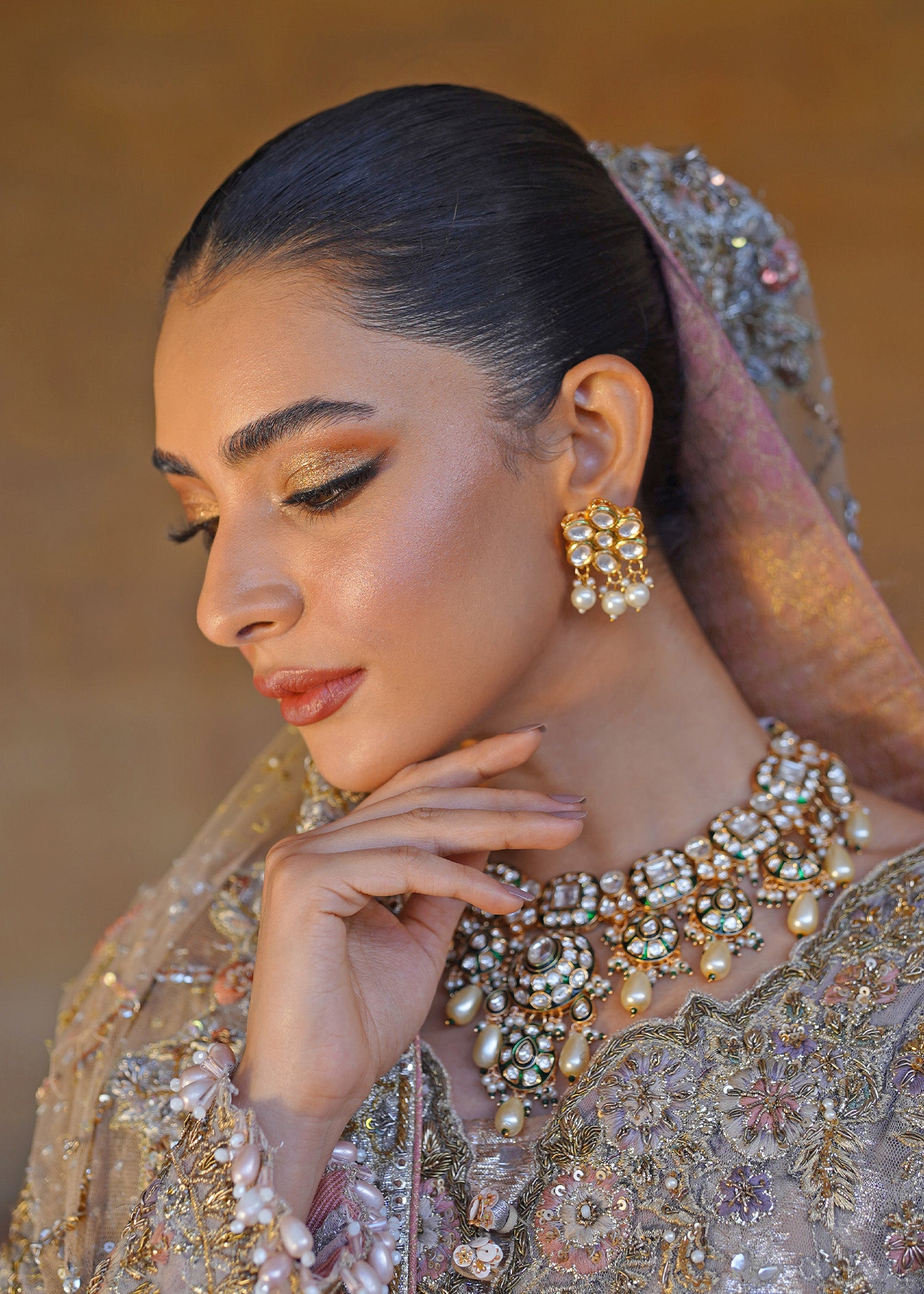 Antique Gold Embellished Net Bridal Gown (2-Piece) - Image 2