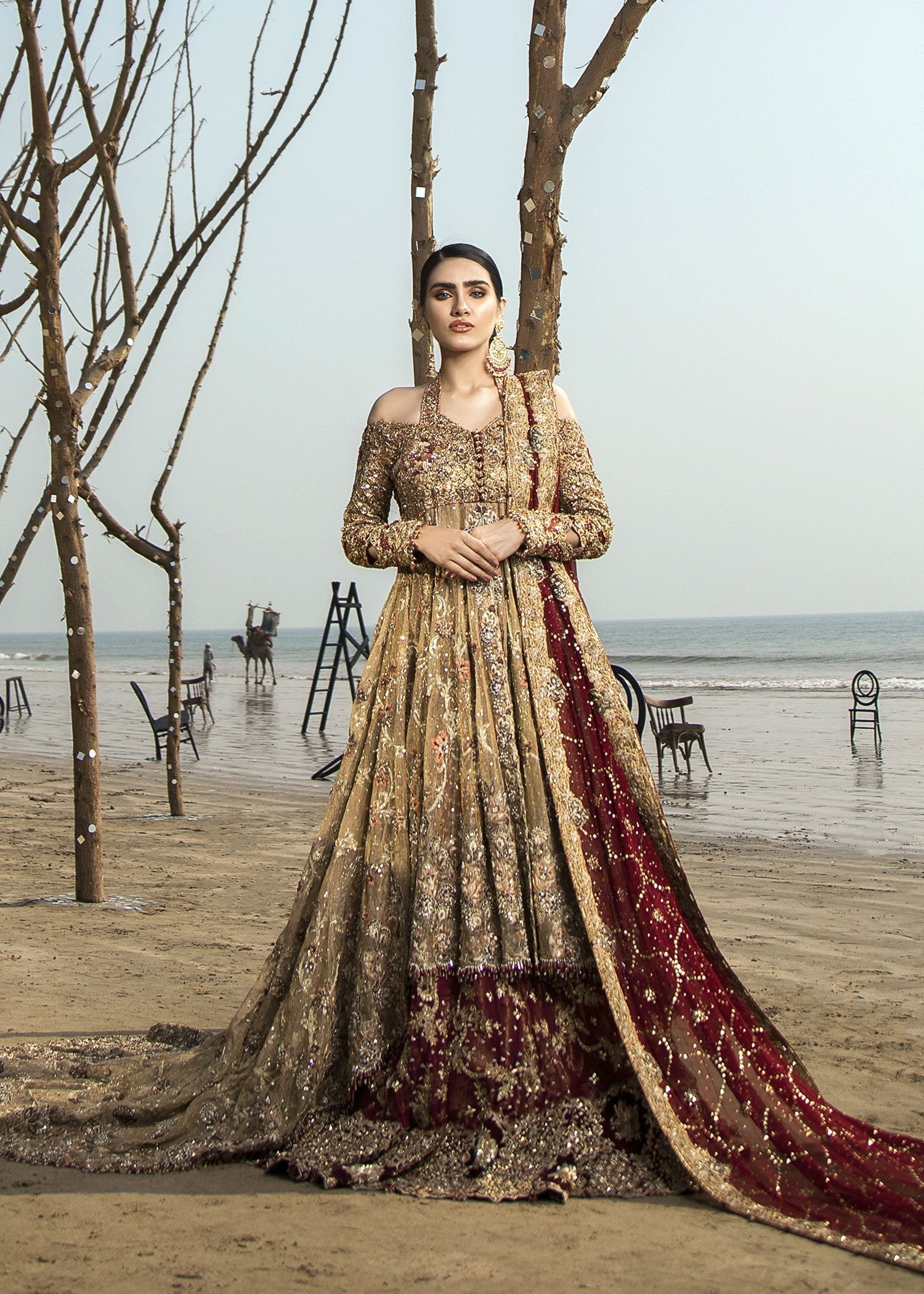 Pakistani Antique Gold Zardozi Net Bridal Gown (2-Piece) - Image 1