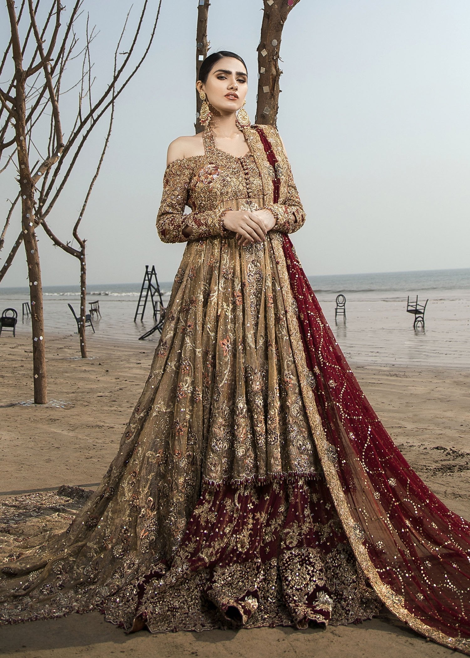 Pakistani Antique Gold Zardozi Net Bridal Gown (2-Piece) - Image 2