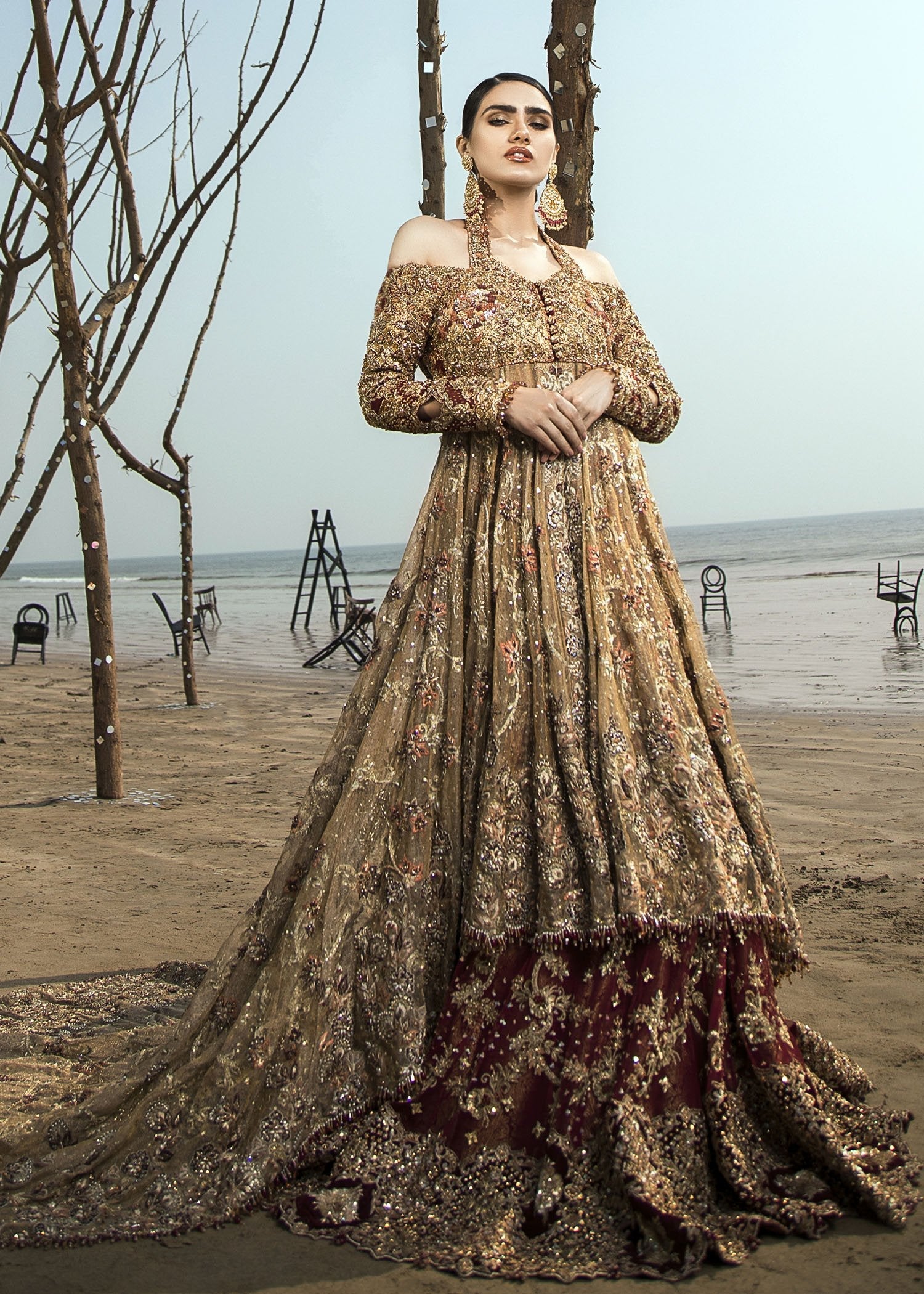 Pakistani Antique Gold Zardozi Net Bridal Gown (2-Piece) - Image 3