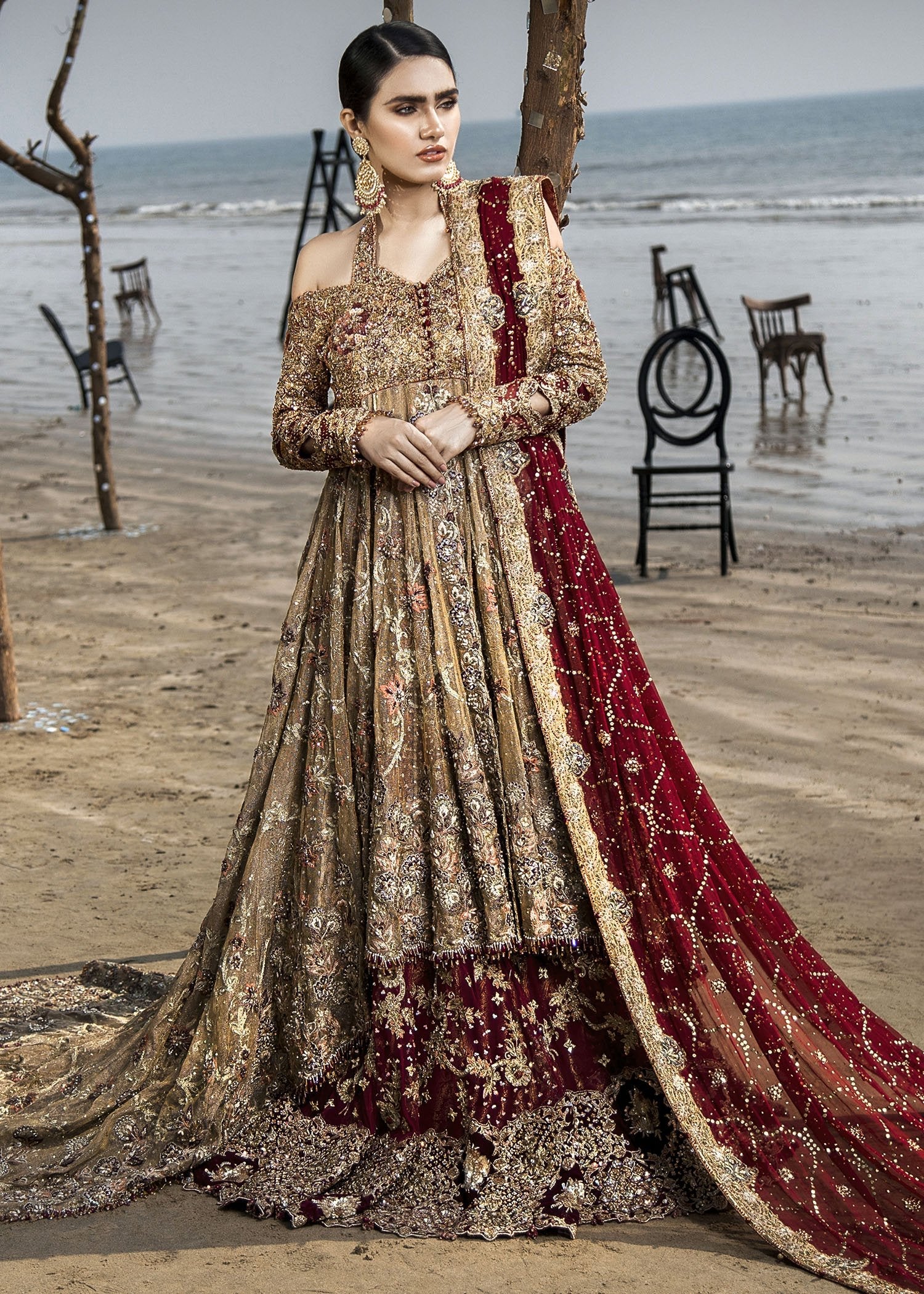 Pakistani Antique Gold Zardozi Net Bridal Gown (2-Piece) - Image 4