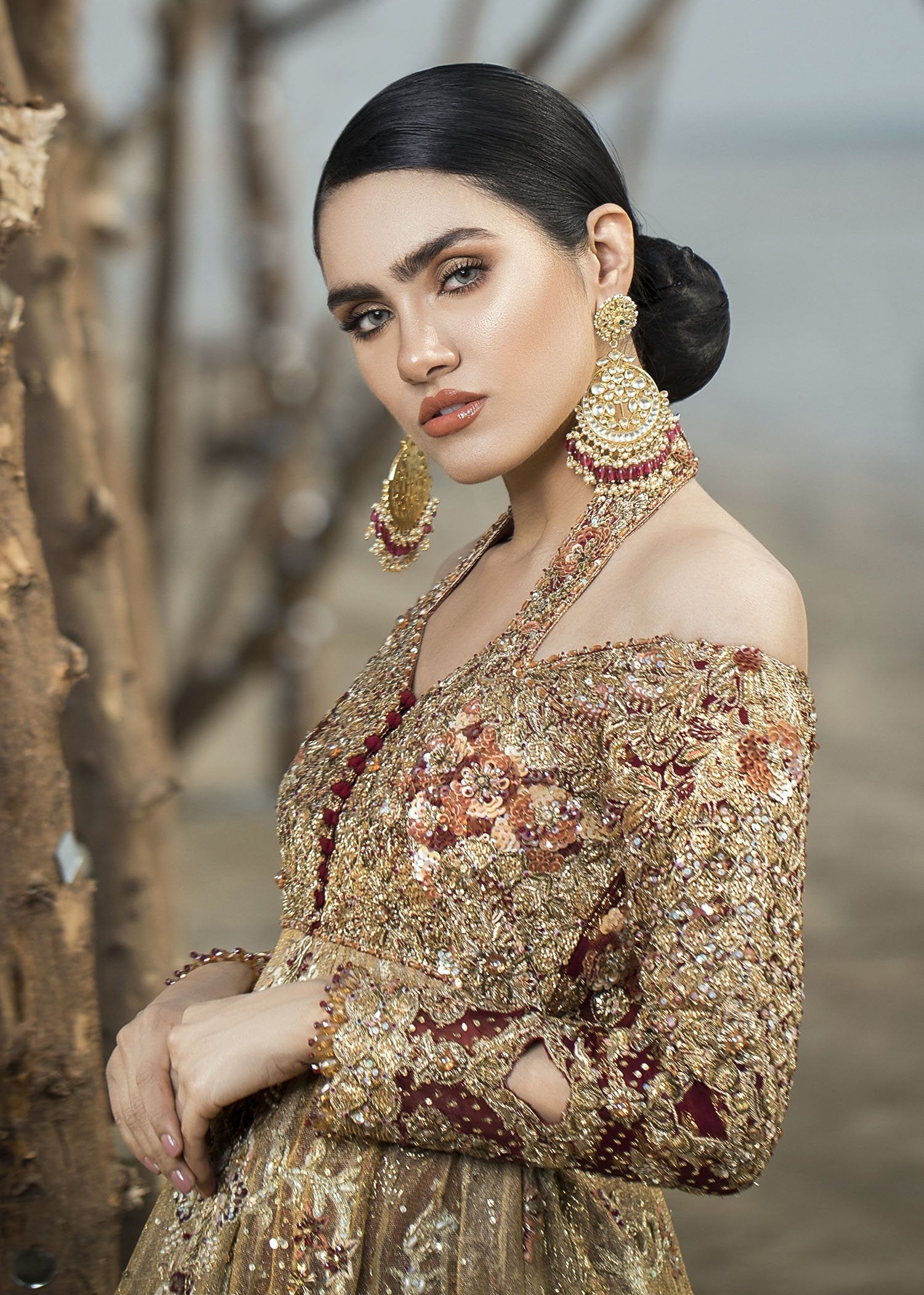 Pakistani Antique Gold Zardozi Net Bridal Gown (2-Piece) - Image 6
