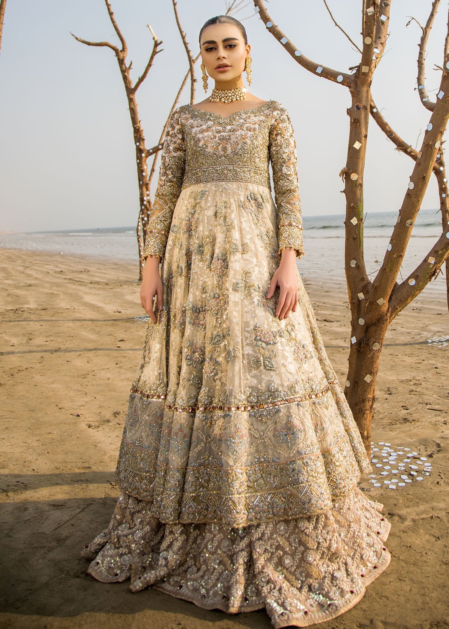 Pakistani Champagne Gold Embellished Net Bridal Gown (3-Piece) - Image 1