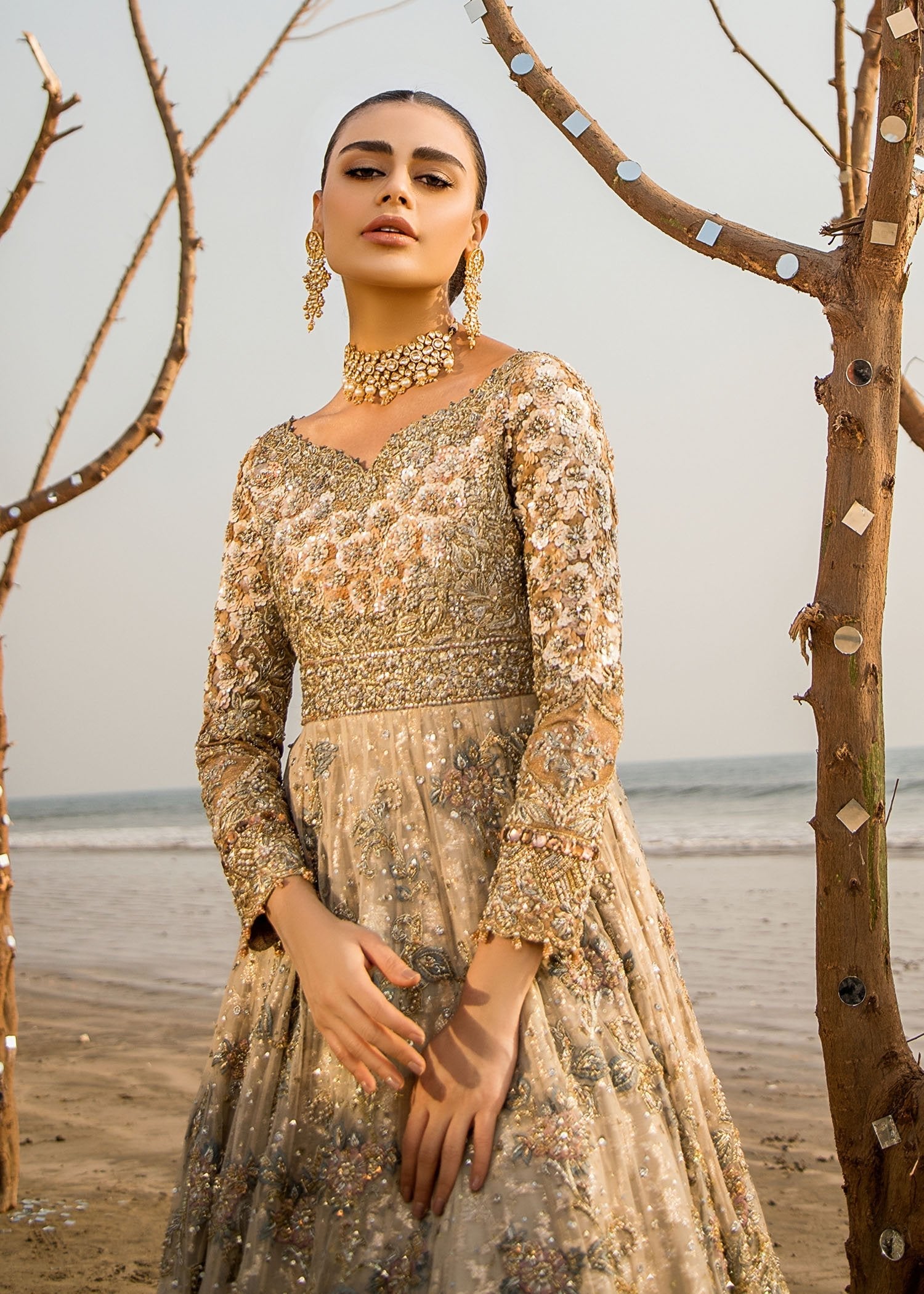 Pakistani Champagne Gold Embellished Net Bridal Gown (3-Piece) - Image 2