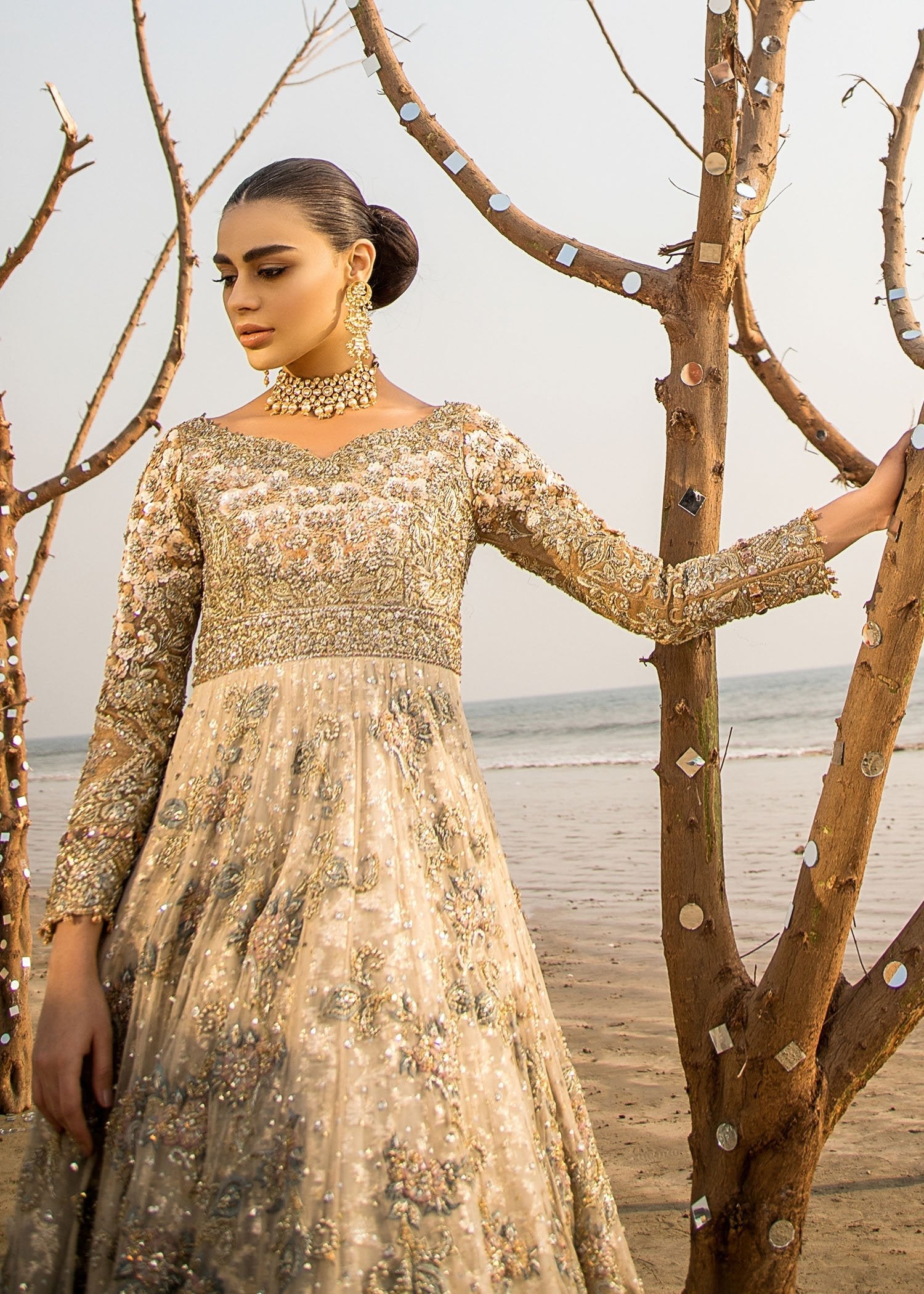 Pakistani Champagne Gold Embellished Net Bridal Gown (3-Piece) - Image 3