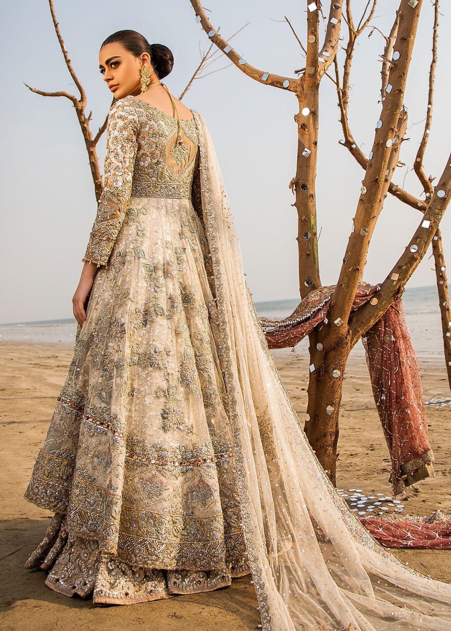 Pakistani Champagne Gold Embellished Net Bridal Gown (3-Piece) - Image 5