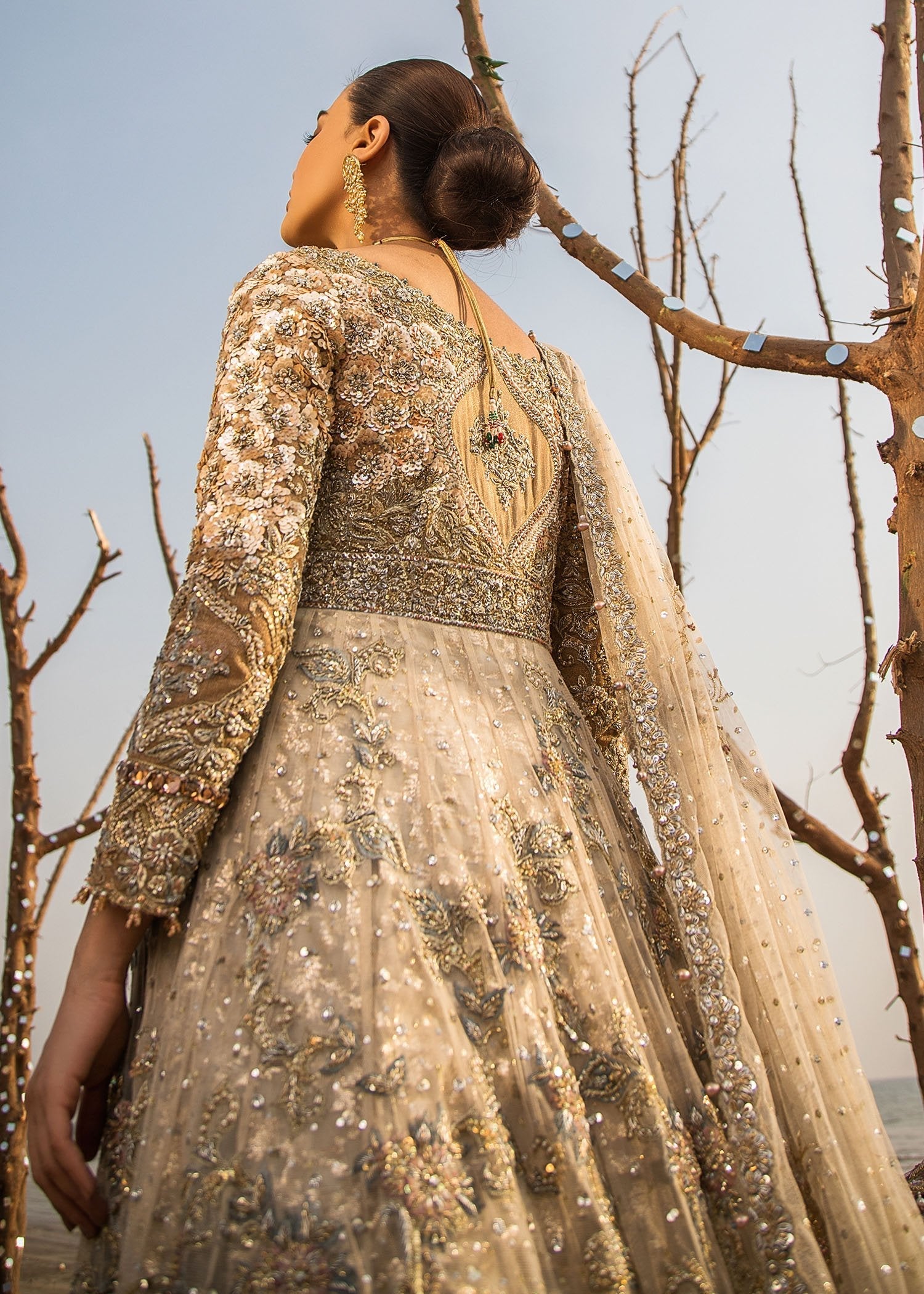 Pakistani Champagne Gold Embellished Net Bridal Gown (3-Piece) - Image 6