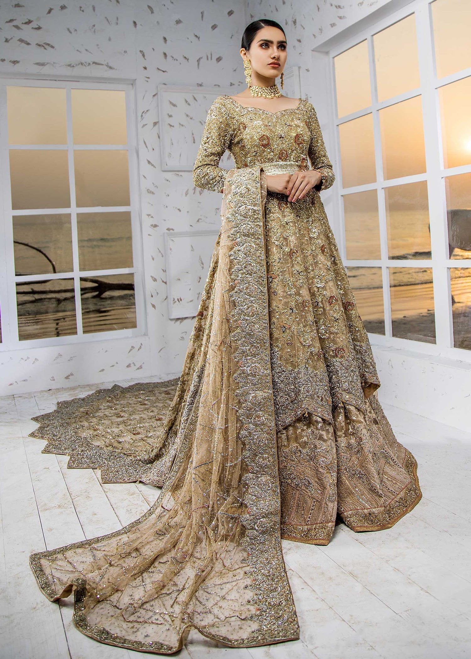 Gold Zardozi Embellished Net Bridal Gown (2-Piece) - Image 1