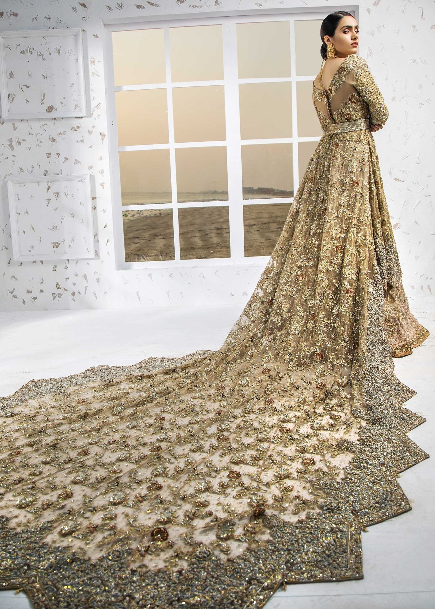 Gold Zardozi Embellished Net Bridal Gown (2-Piece) - Image 11