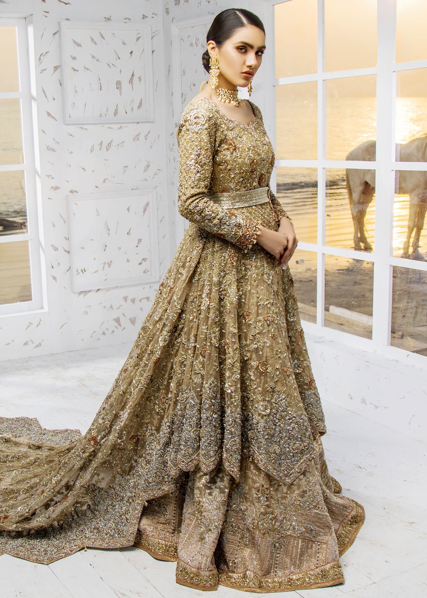 Gold Zardozi Embellished Net Bridal Gown (2-Piece) - Image 3