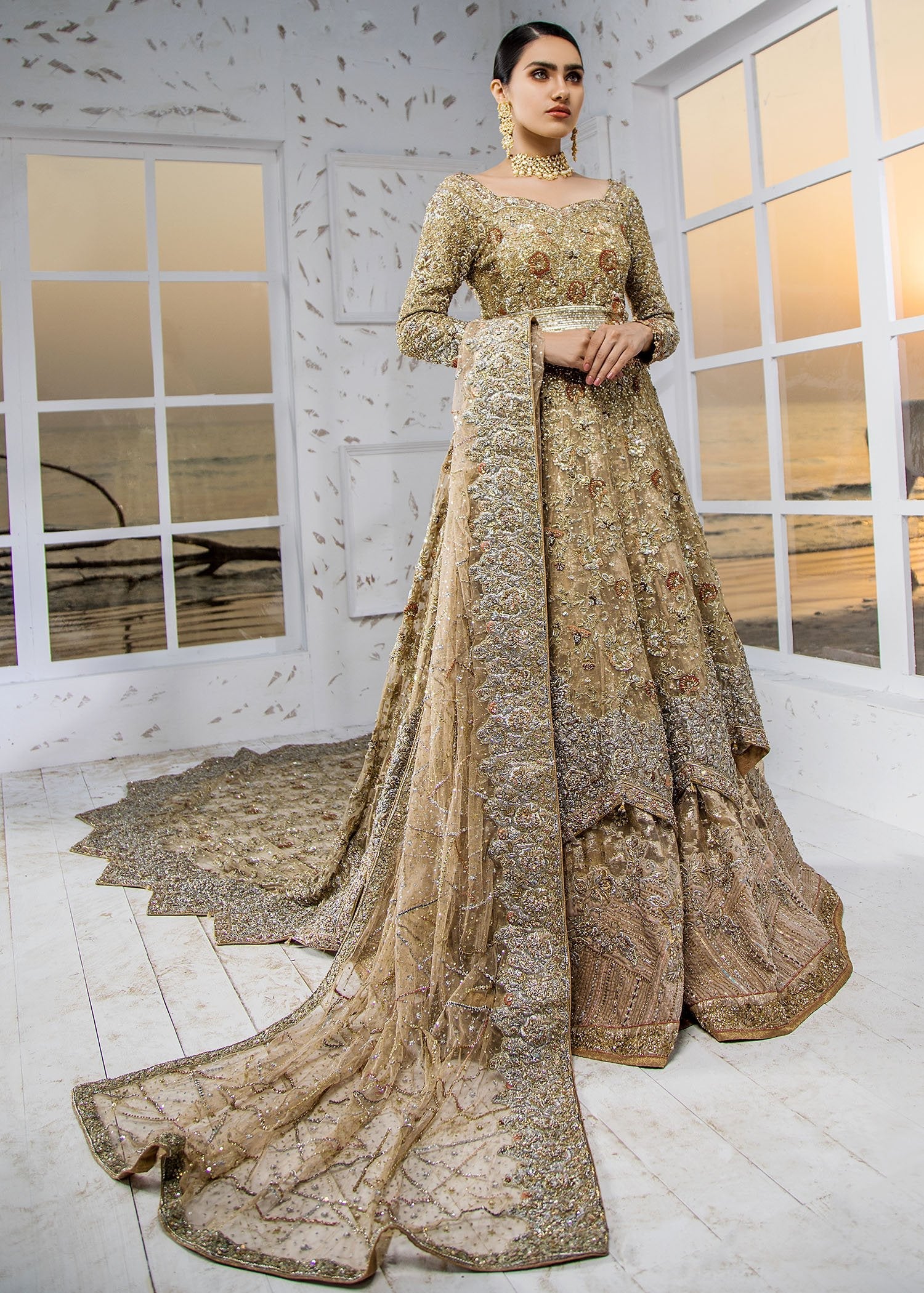 Gold Zardozi Embellished Net Bridal Gown (2-Piece) - Image 4