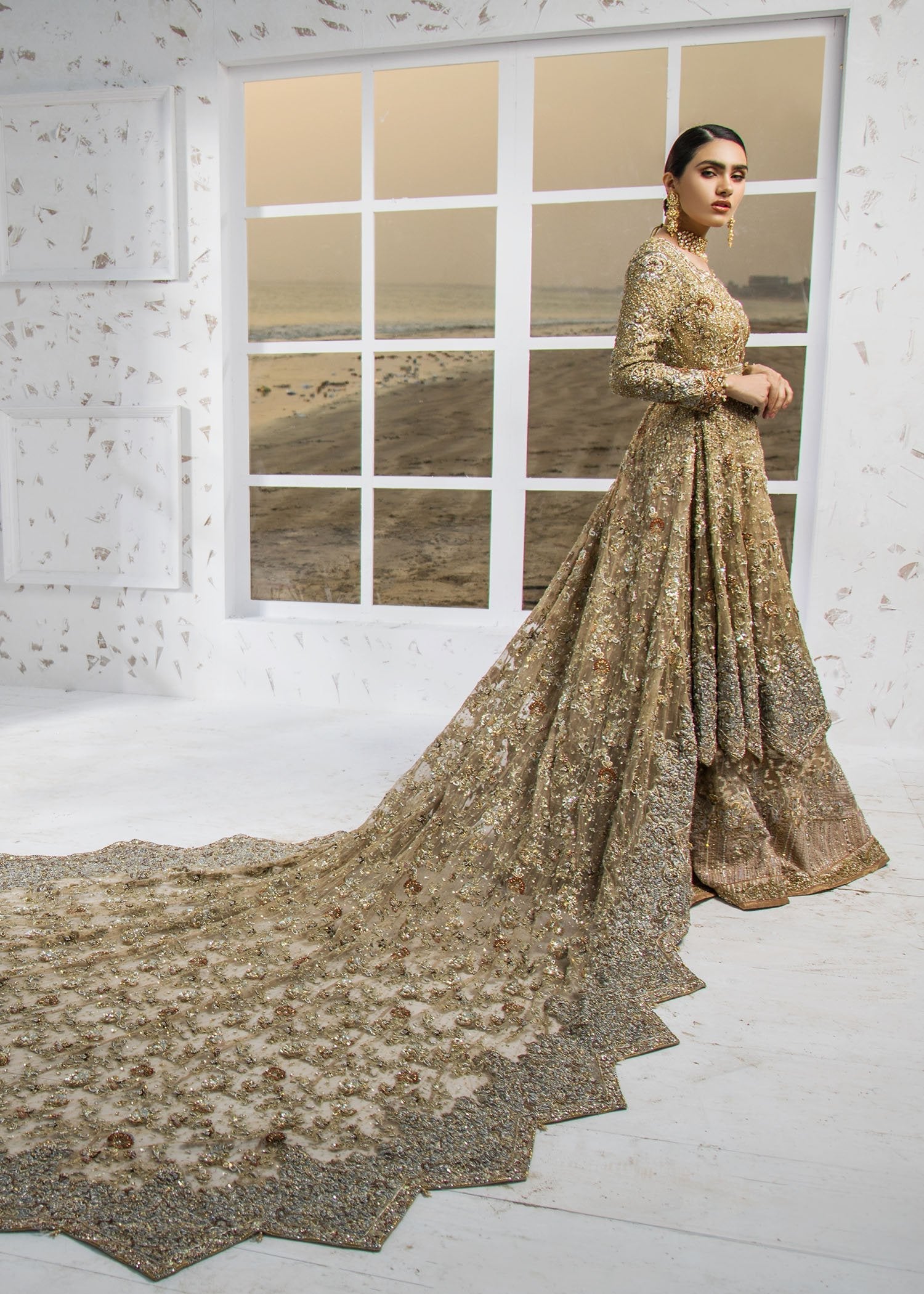 Gold Zardozi Embellished Net Bridal Gown (2-Piece) - Image 5