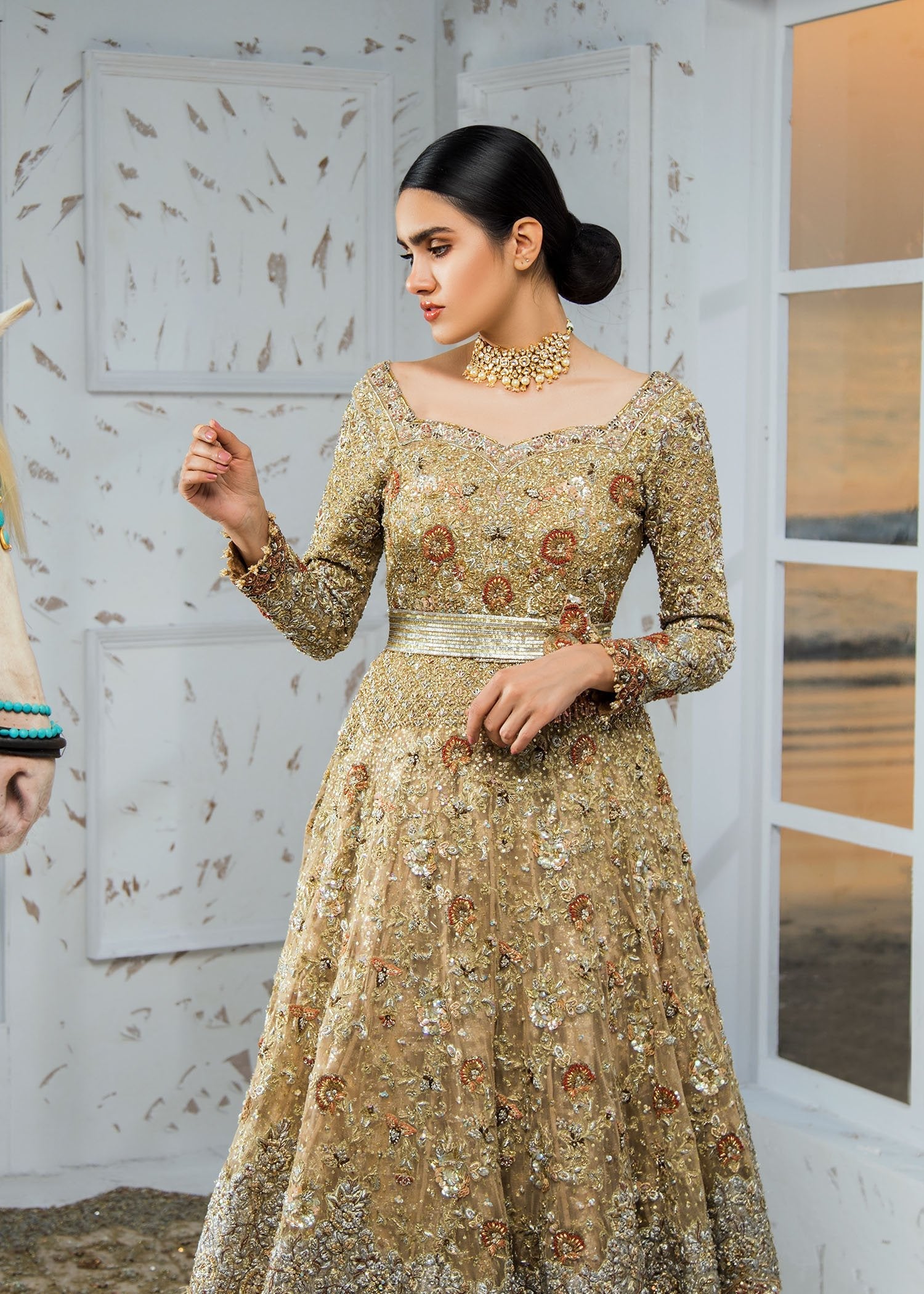 Gold Zardozi Embellished Net Bridal Gown (2-Piece) - Image 6