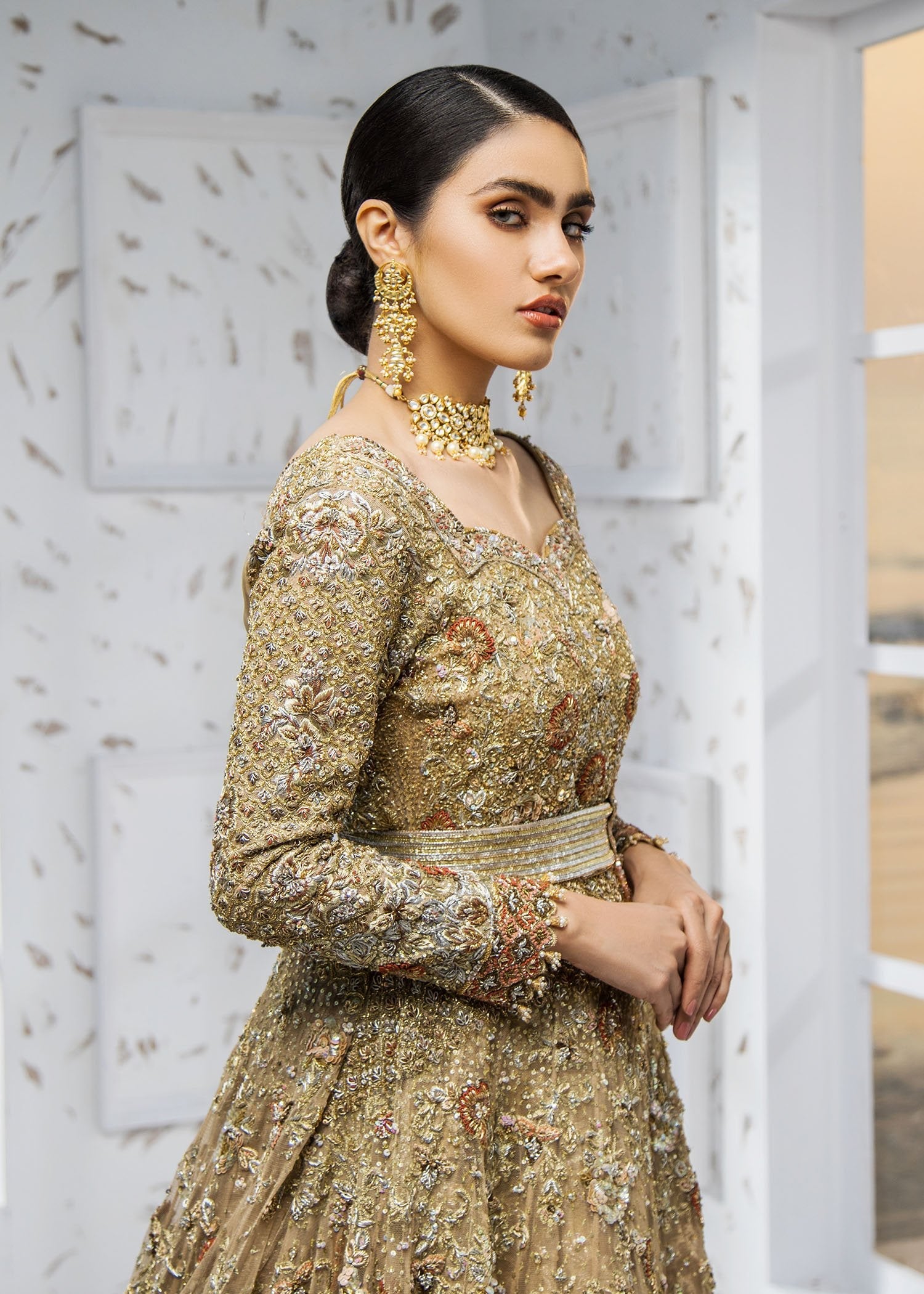 Gold Zardozi Embellished Net Bridal Gown (2-Piece) - Image 7