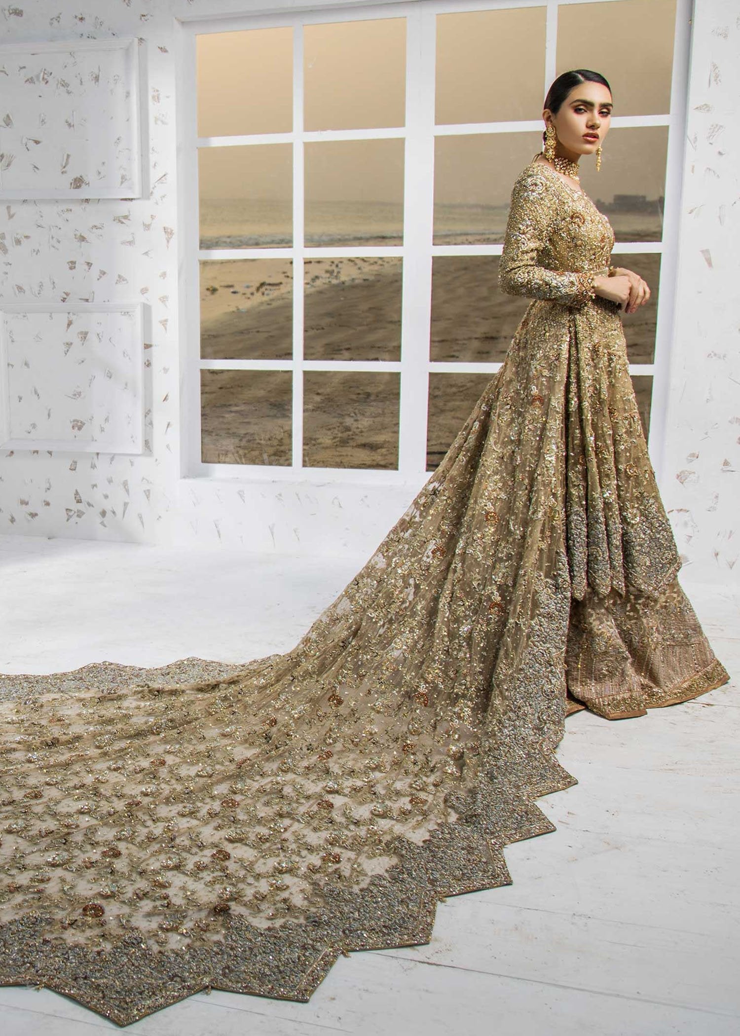 Gold Zardozi Embellished Net Bridal Gown (2-Piece) - Image 8