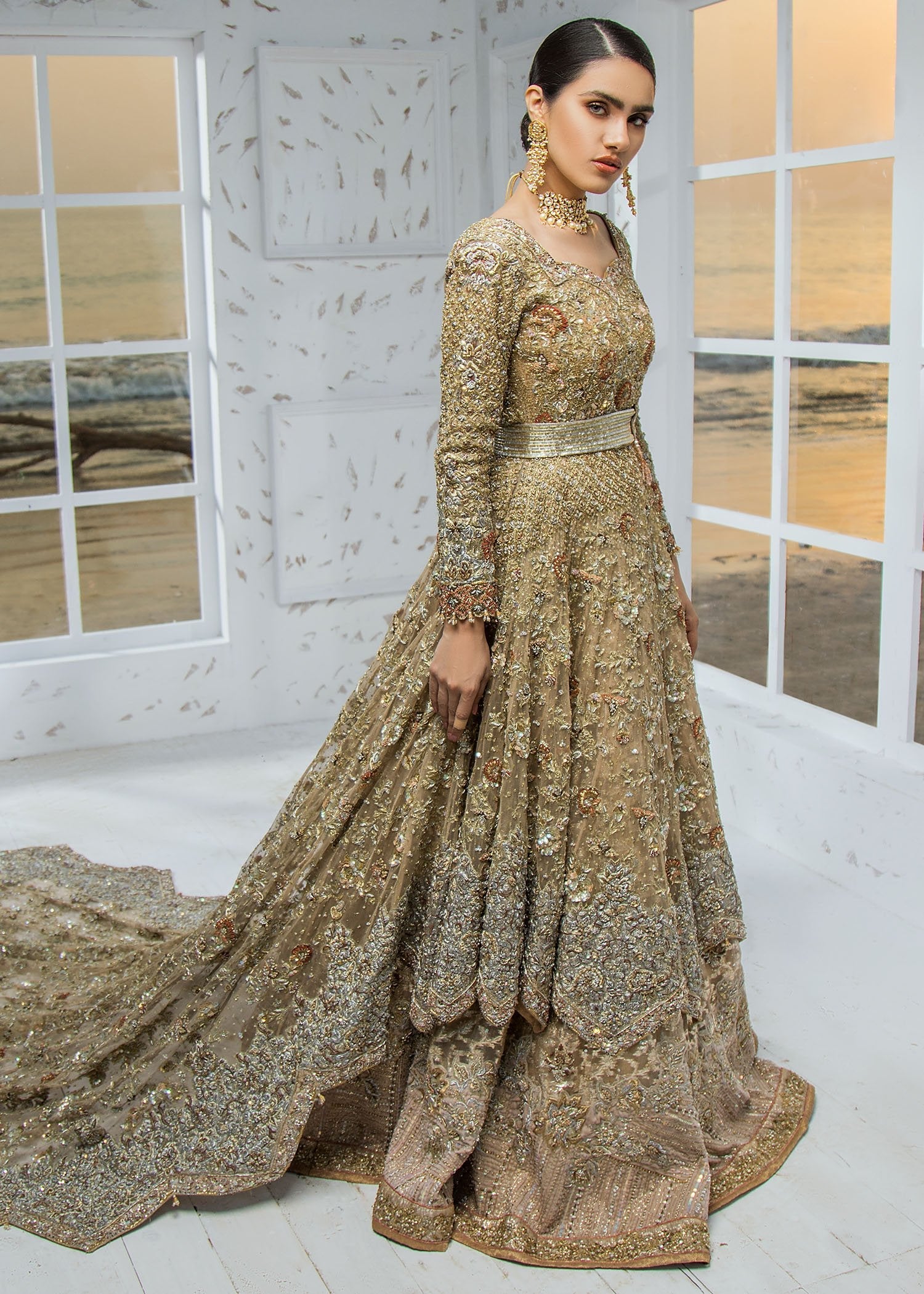 Gold Zardozi Embellished Net Bridal Gown (2-Piece) - Image 9