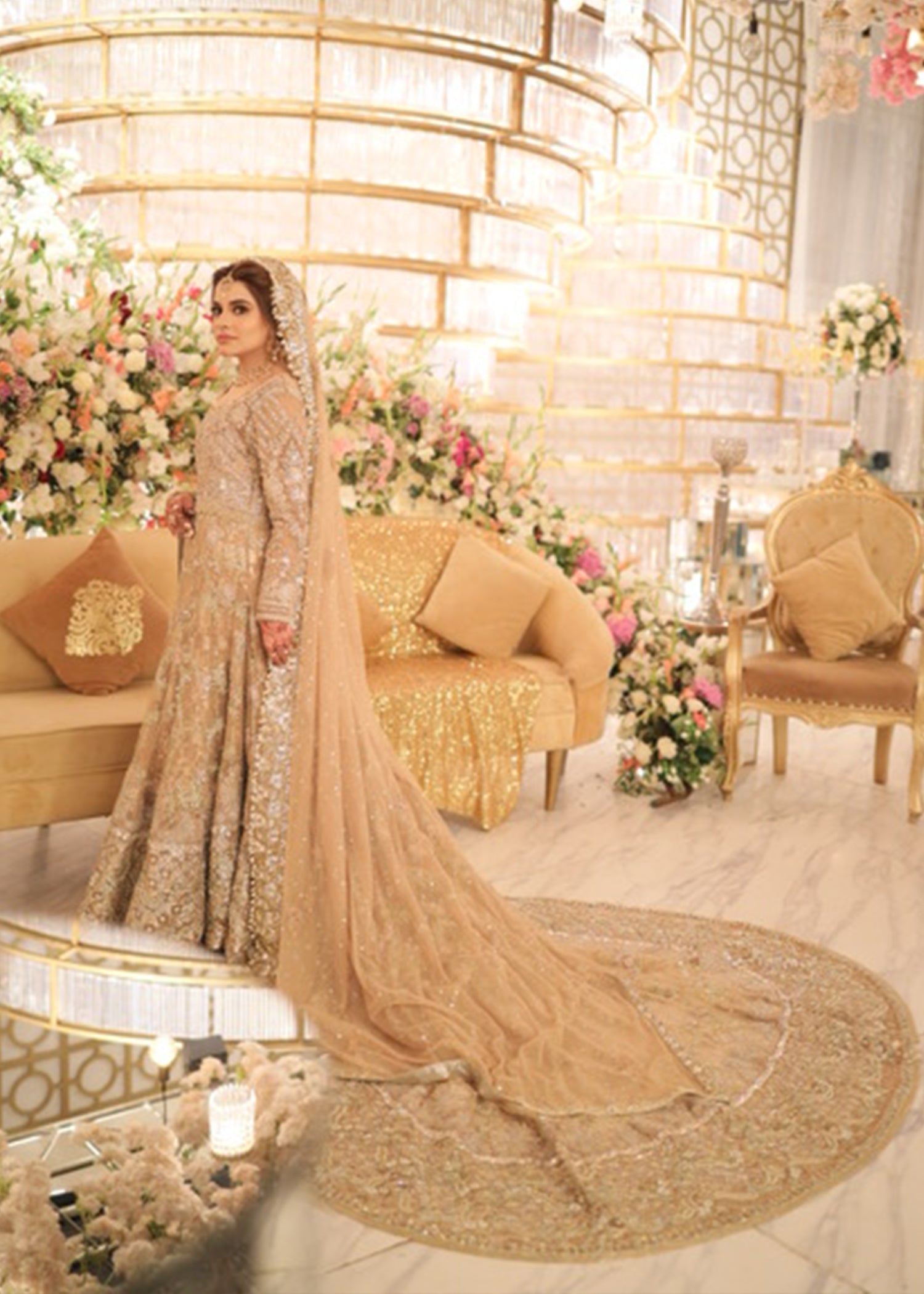 Pakistani Champagne Gold Embellished Net Bridal Gown (2-Piece) - Image 1