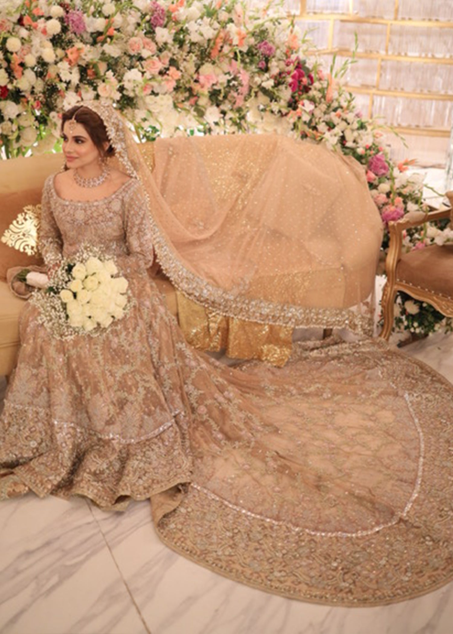 Pakistani Champagne Gold Embellished Net Bridal Gown (2-Piece) - Image 2