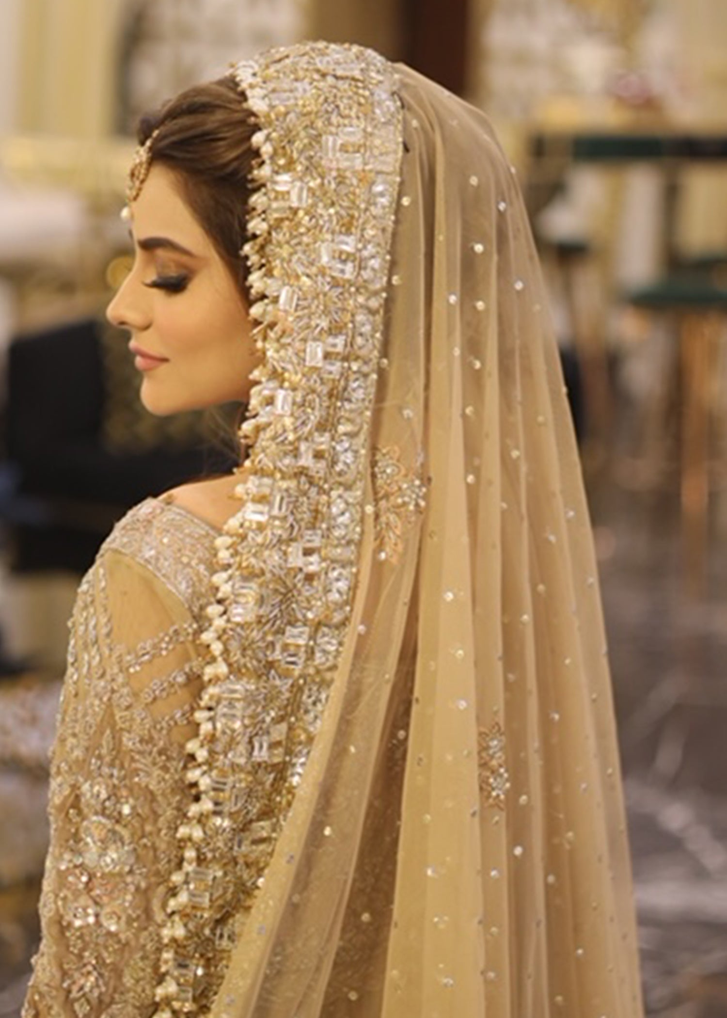 Pakistani Champagne Gold Embellished Net Bridal Gown (2-Piece) - Image 3