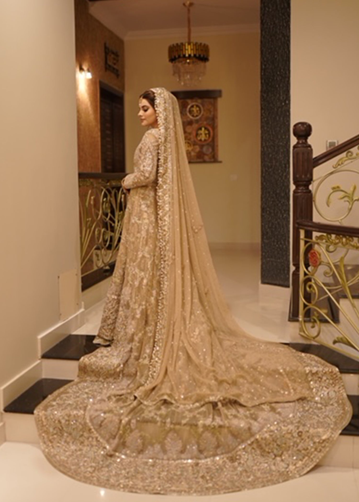 Pakistani Champagne Gold Embellished Net Bridal Gown (2-Piece) - Image 4