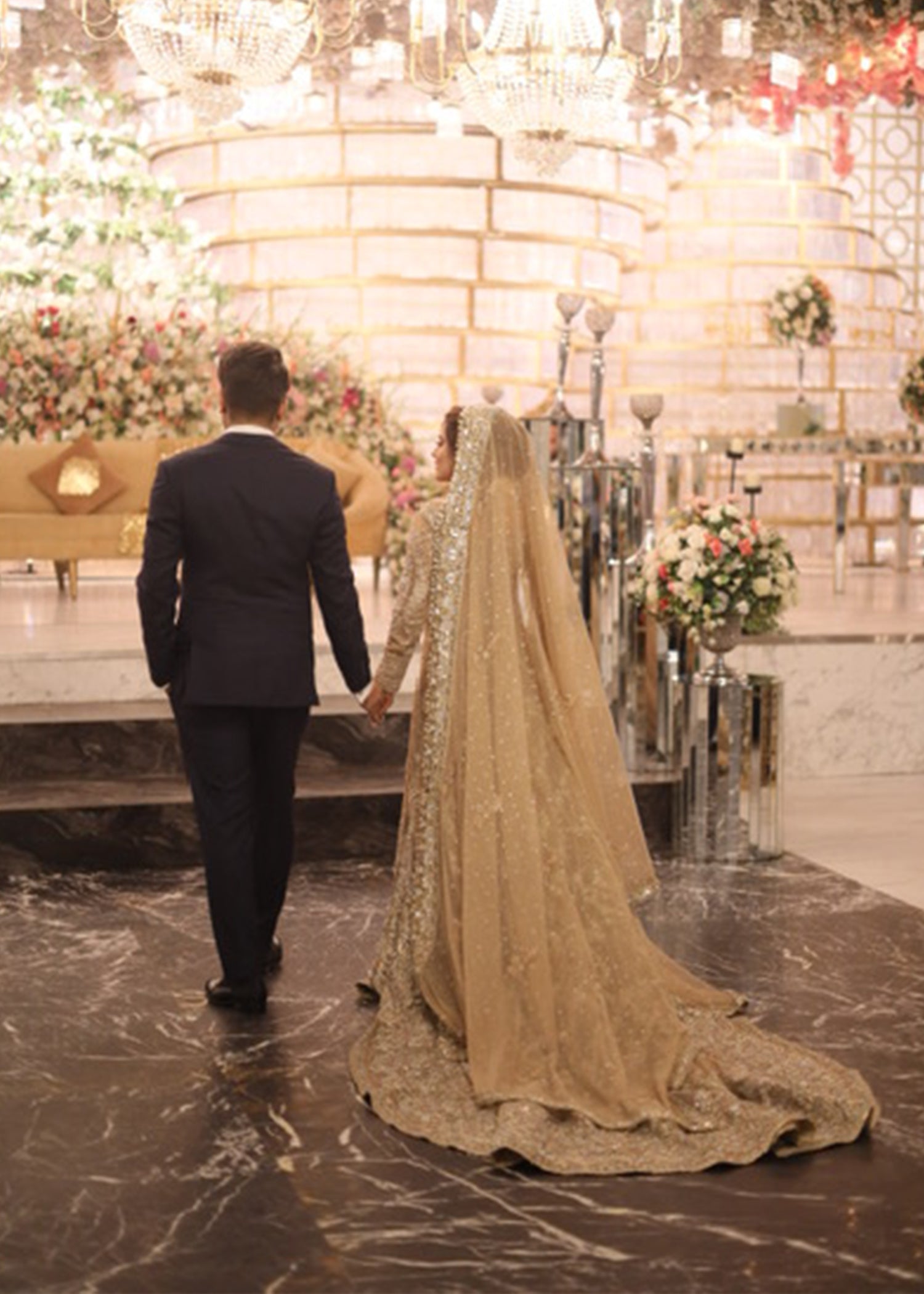 Pakistani Champagne Gold Embellished Net Bridal Gown (2-Piece) - Image 5