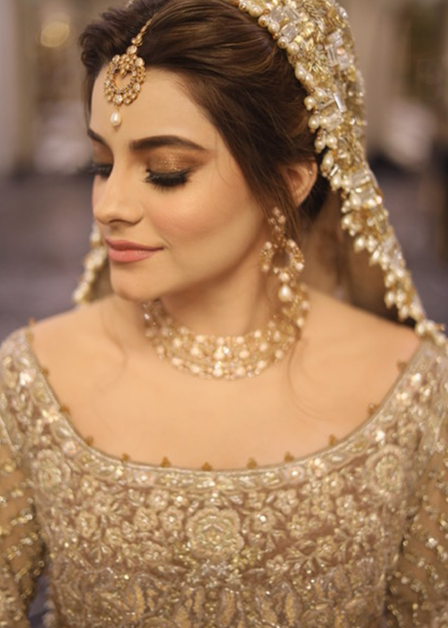 Pakistani Champagne Gold Embellished Net Bridal Gown (2-Piece) - Image 6