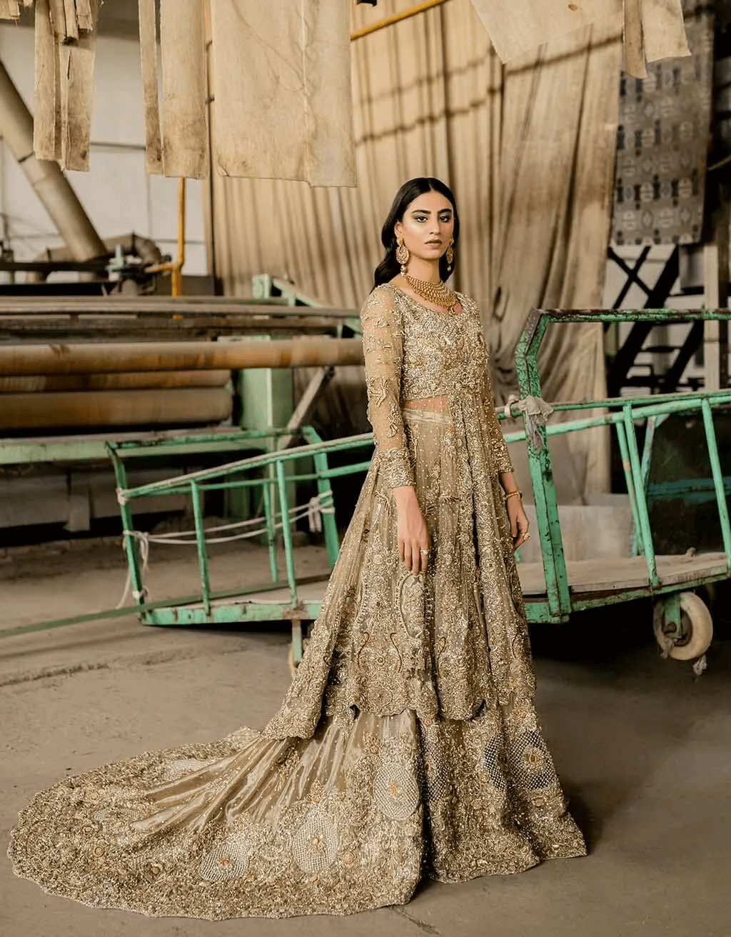 Deep Gold Hand-Embellished Net Bridal Gown (2-Piece) - Image 1