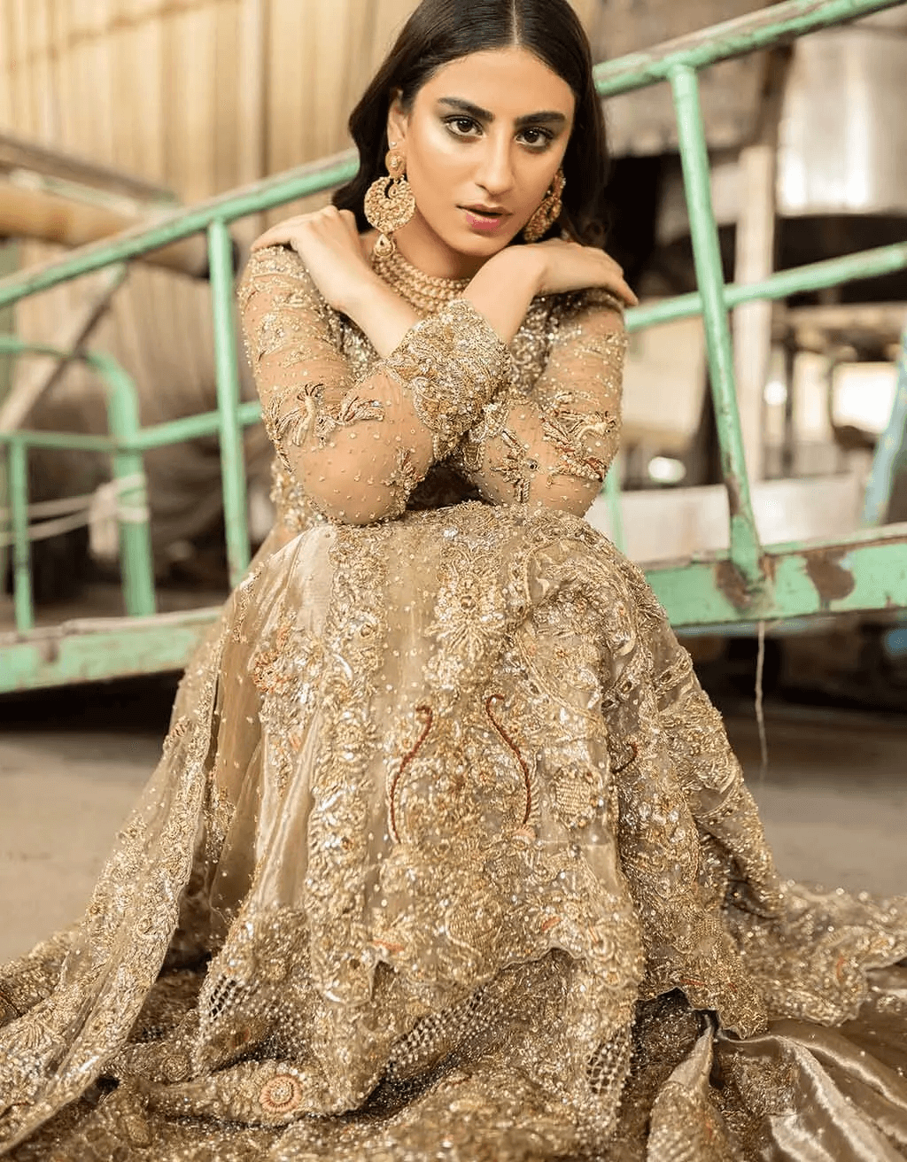 Deep Gold Hand-Embellished Net Bridal Gown (2-Piece) - Image 2