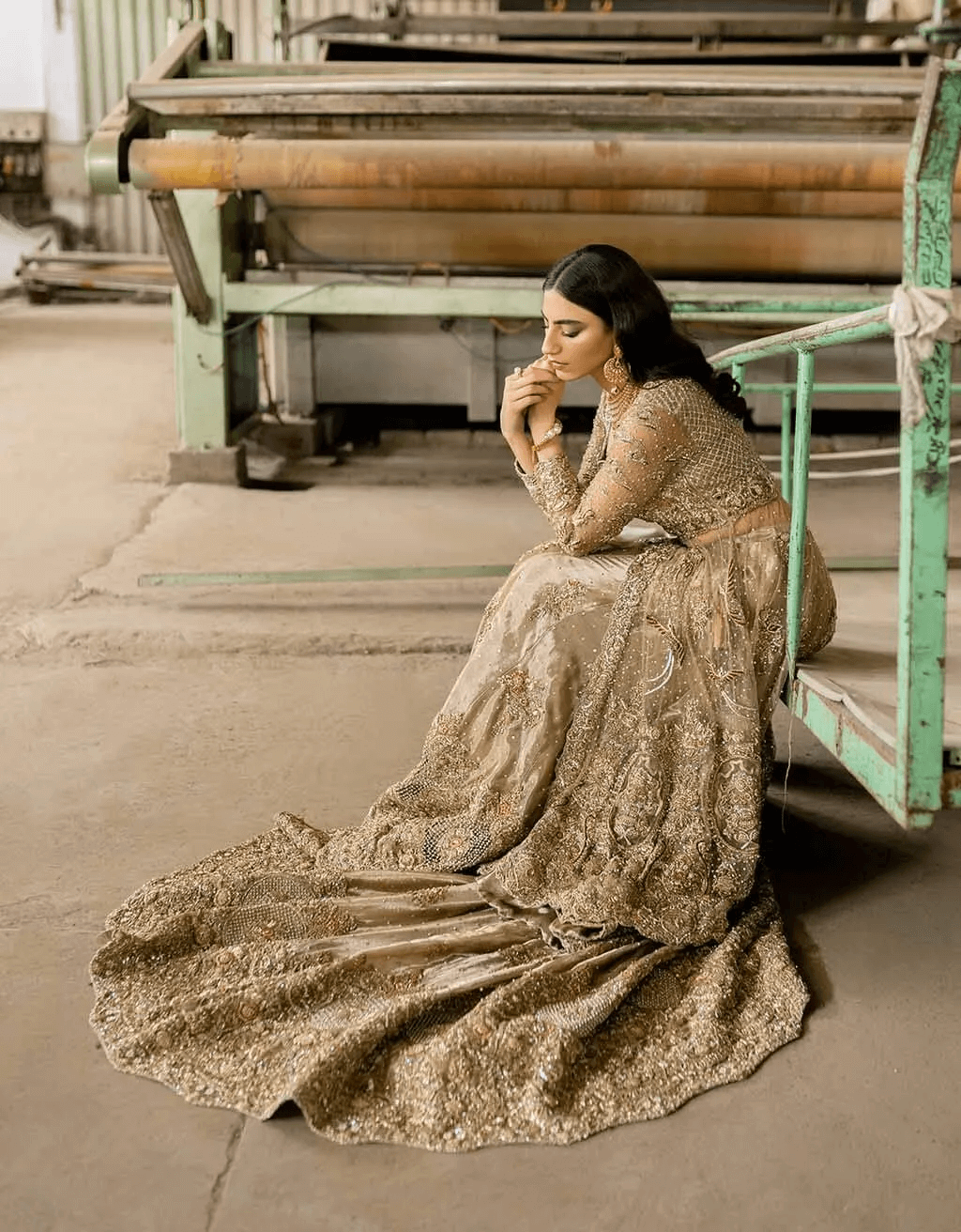 Deep Gold Hand-Embellished Net Bridal Gown (2-Piece) - Image 3