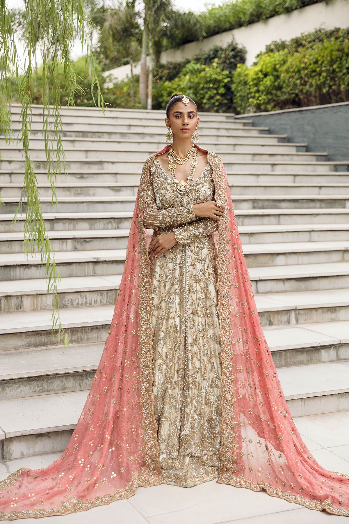 Pakistani Gold & Silver Shikargah Embroidered Net Gown (3-Piece) - Image 1
