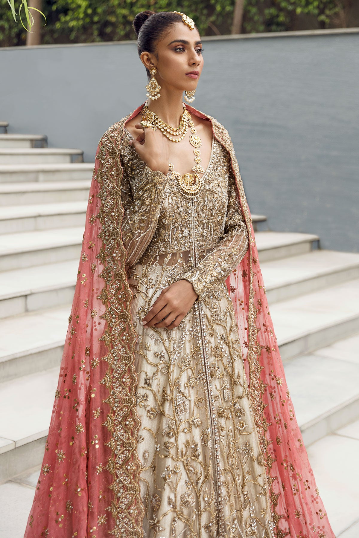 Pakistani Gold & Silver Shikargah Embroidered Net Gown (3-Piece) - Image 2