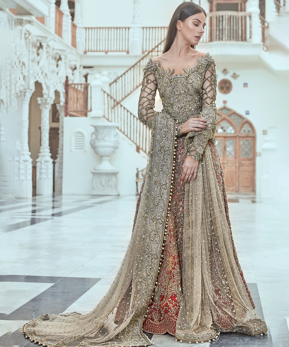 Pakistani Antique Gold Zardozi Net Bridal Gown (2-Piece) - Image 1