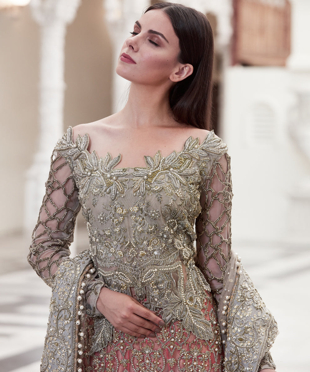 Pakistani Antique Gold Zardozi Net Bridal Gown (2-Piece) - Image 2