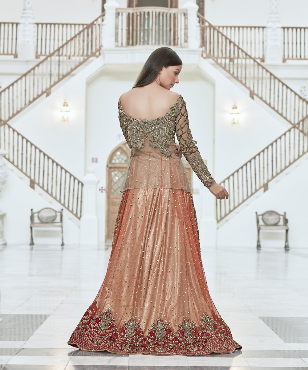 Pakistani Antique Gold Zardozi Net Bridal Gown (2-Piece) - Image 3