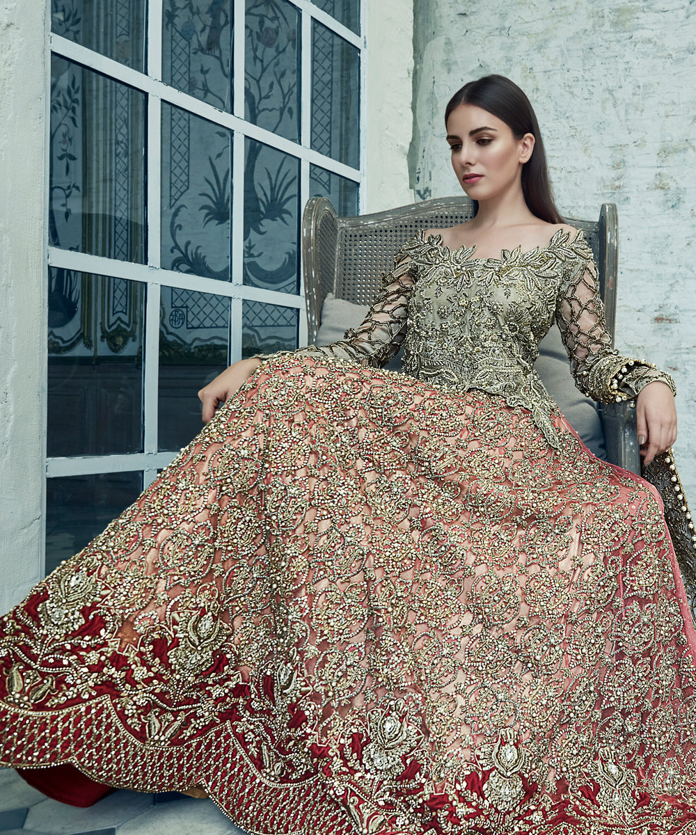 Pakistani Antique Gold Zardozi Net Bridal Gown (2-Piece) - Image 4