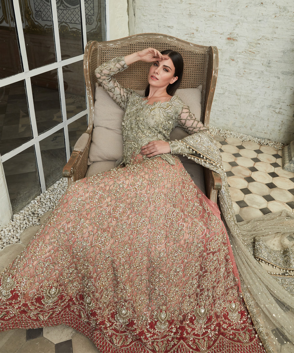 Pakistani Antique Gold Zardozi Net Bridal Gown (2-Piece) - Image 5