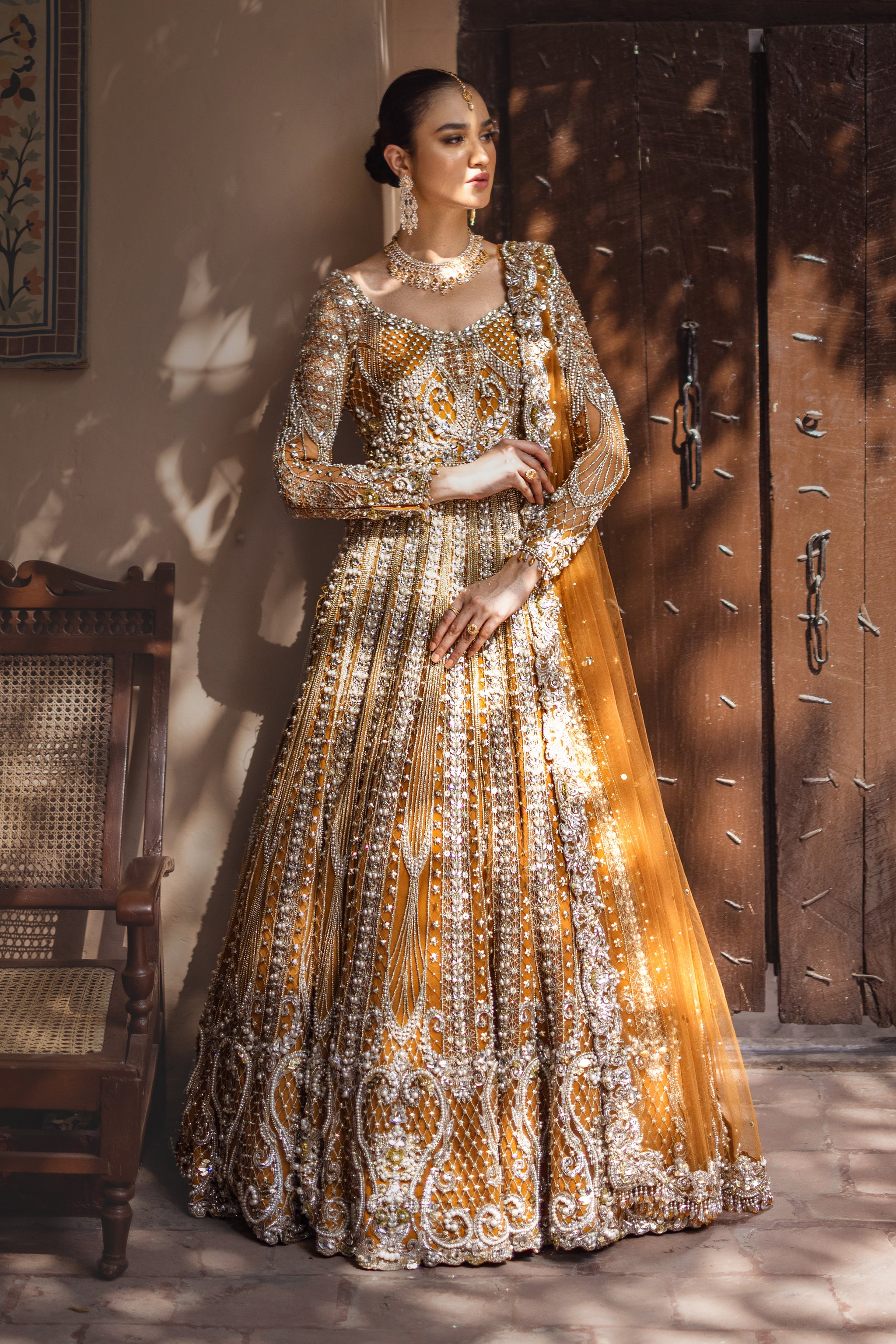 Indian Mustard Gold Embroidered Net Bridal Gown (2-Piece) - Image 1