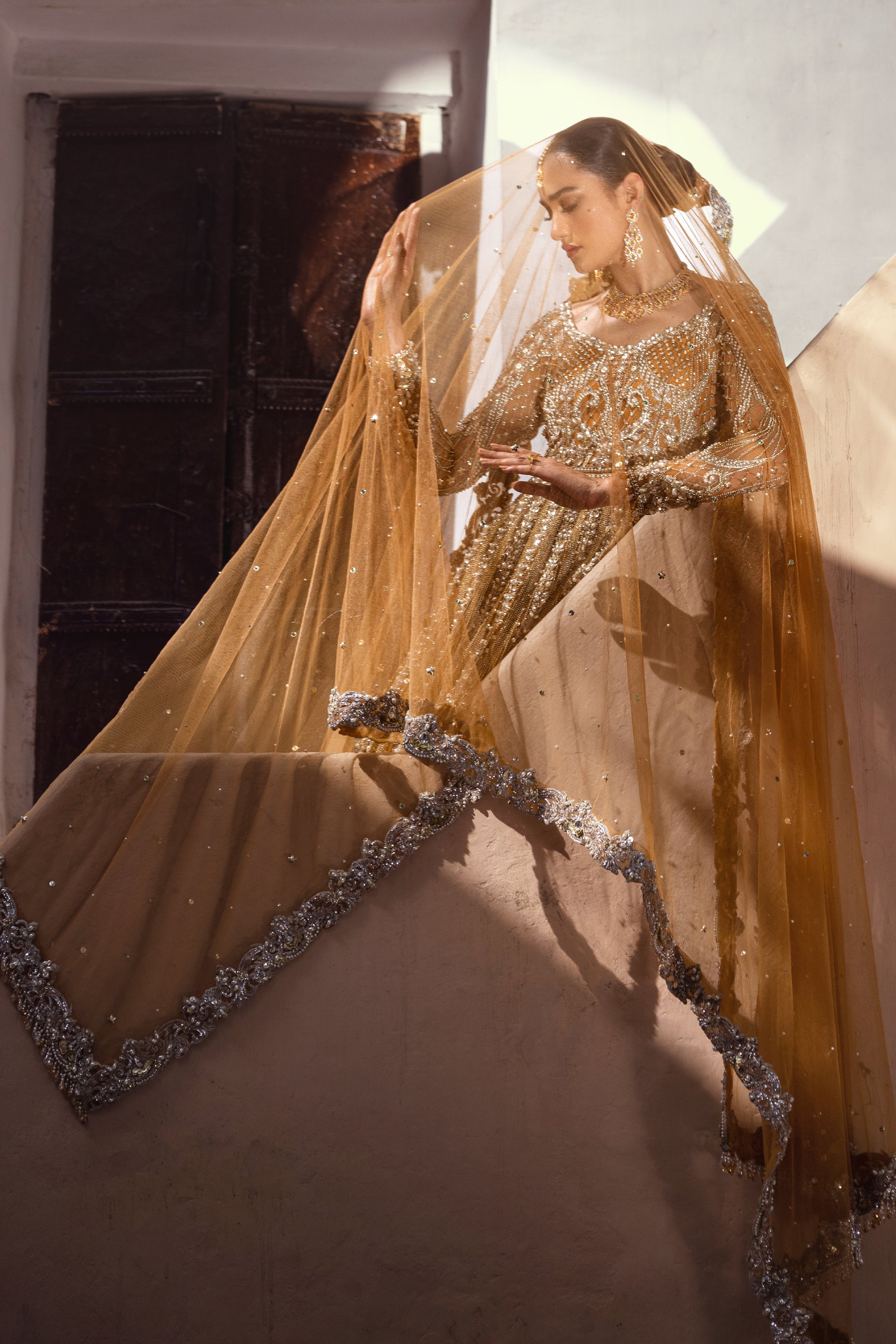 Indian Mustard Gold Embroidered Net Bridal Gown (2-Piece) - Image 2