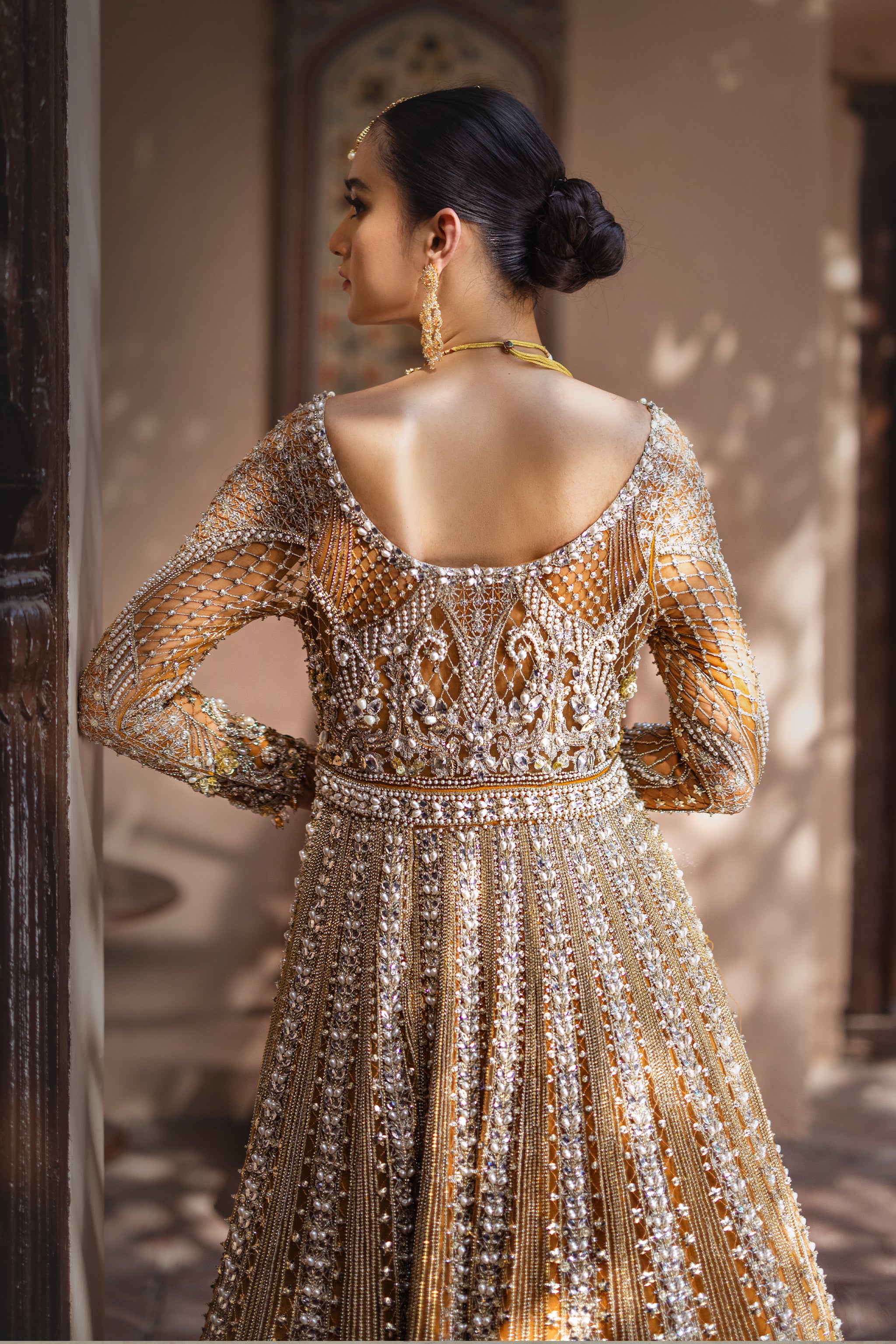 Indian Mustard Gold Embroidered Net Bridal Gown (2-Piece) - Image 4