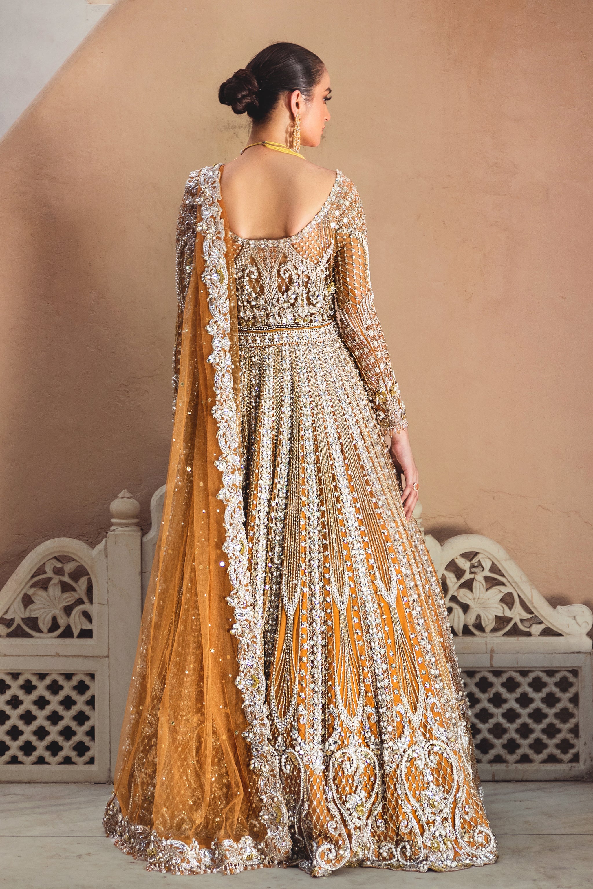 Indian Mustard Gold Embroidered Net Bridal Gown (2-Piece) - Image 5