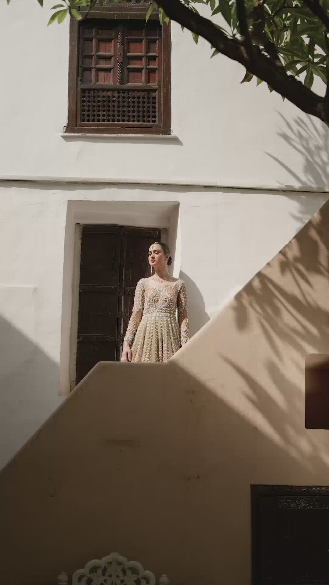 Indian Mustard Gold Embroidered Net Bridal Gown (2-Piece) - Image 6