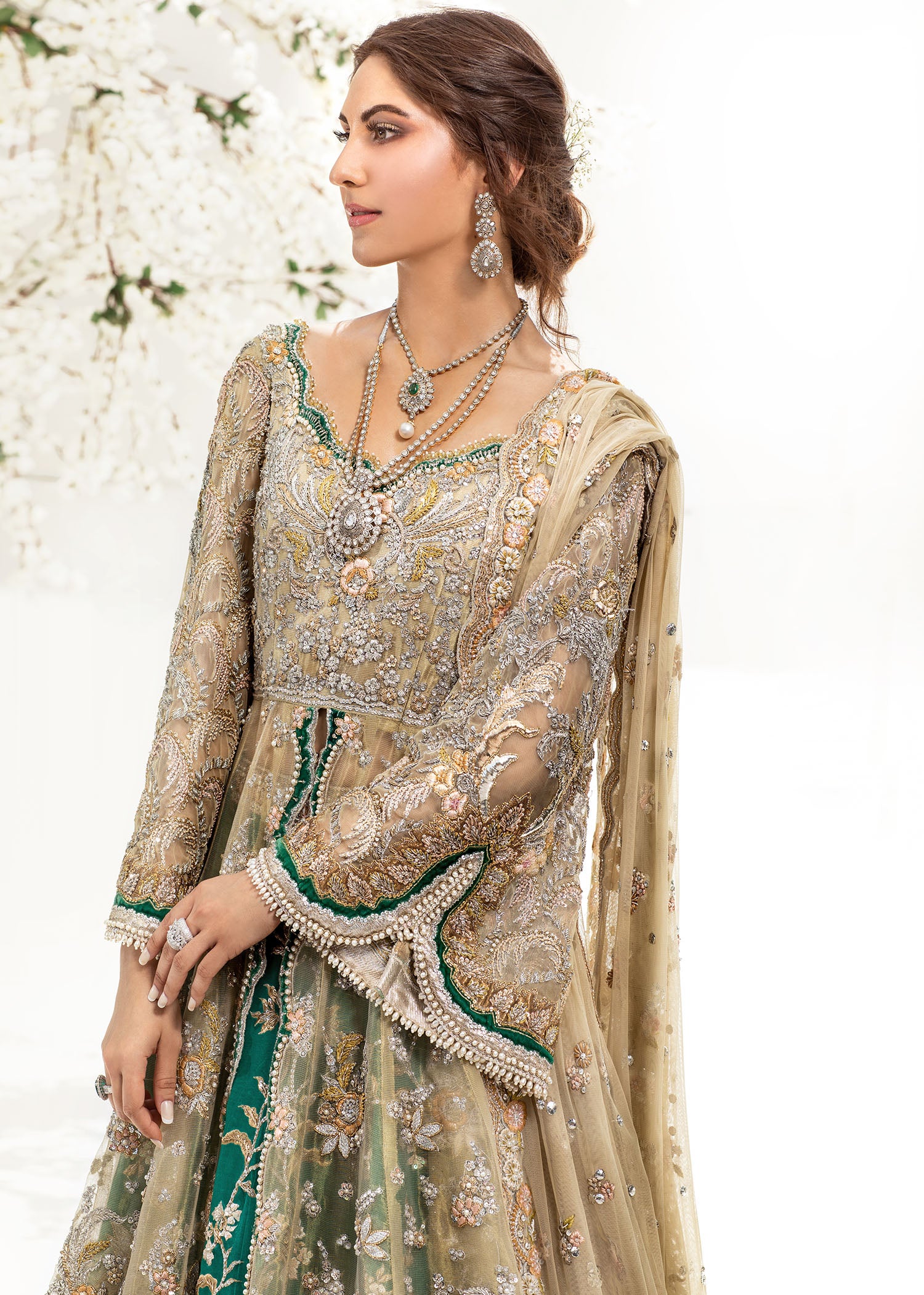 Antique Gold Emerald Embroidered Net Bridal Gown (2-Piece) - Image 1