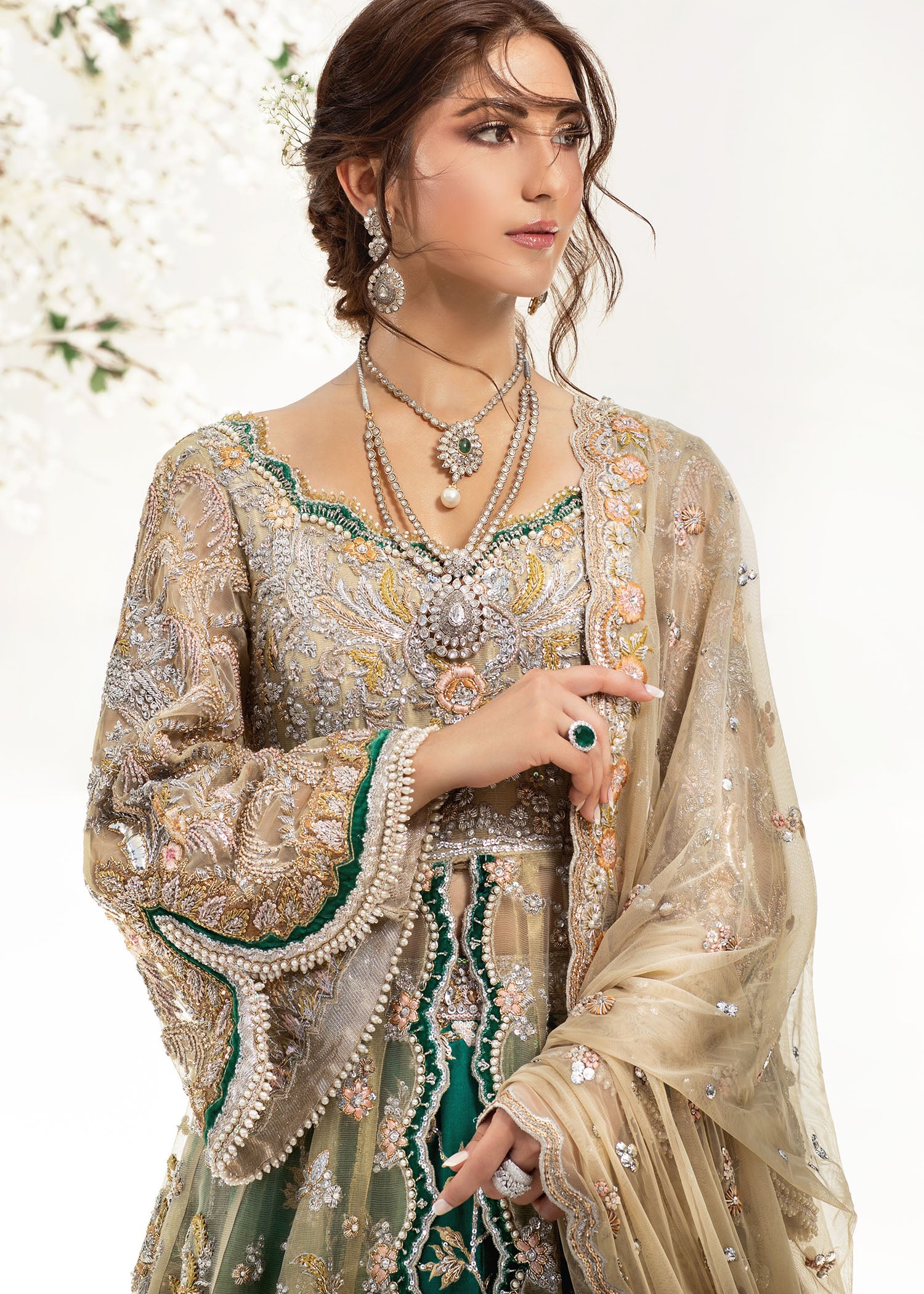 Antique Gold Emerald Embroidered Net Bridal Gown (2-Piece) - Image 2