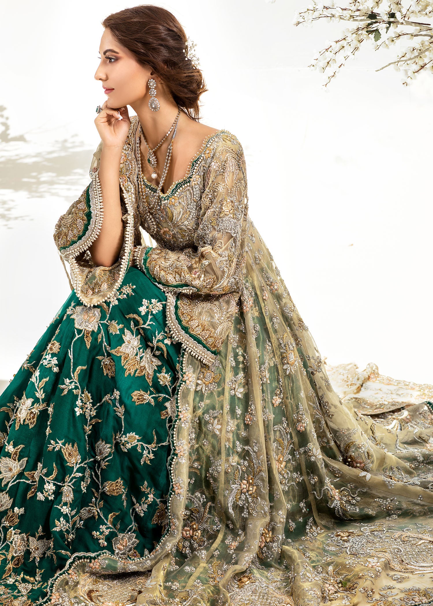 Antique Gold Emerald Embroidered Net Bridal Gown (2-Piece) - Image 3