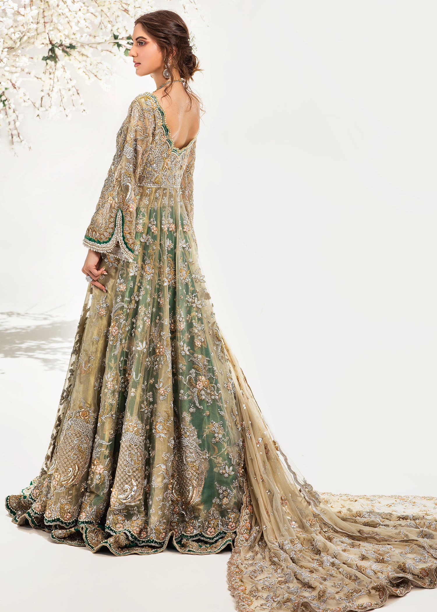 Antique Gold Emerald Embroidered Net Bridal Gown (2-Piece) - Image 4