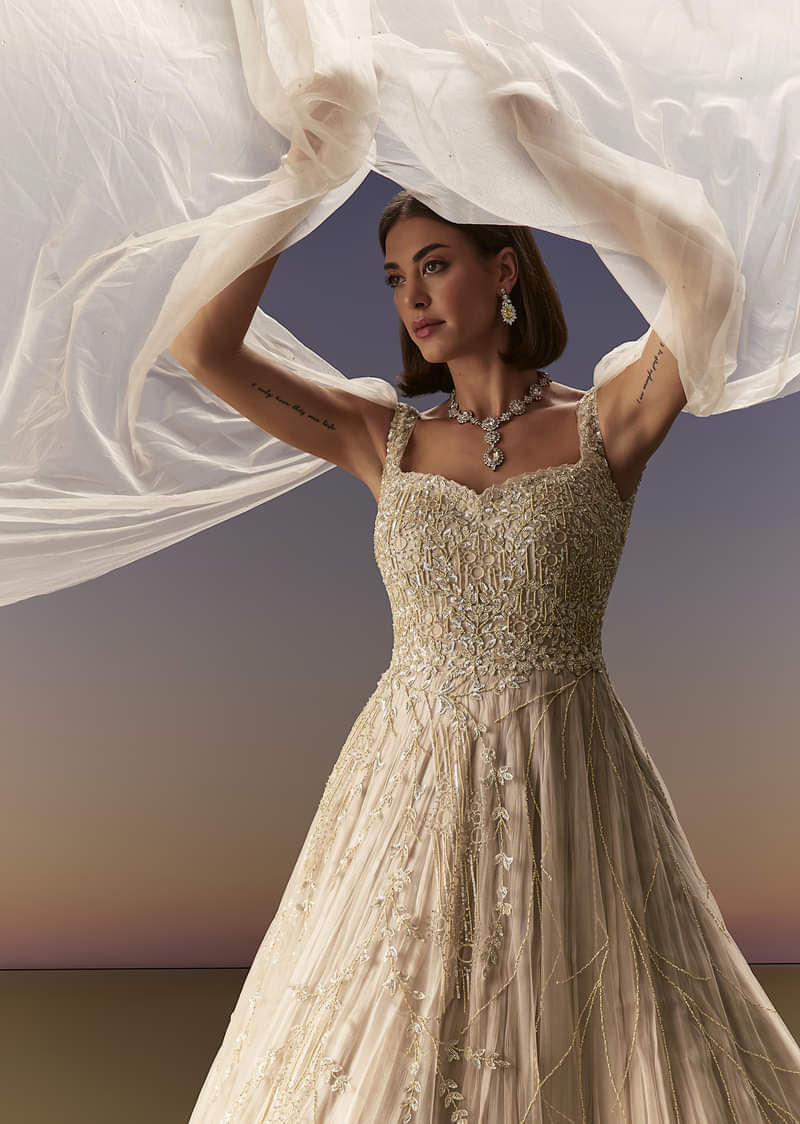 Gold Embellished Organza Gown (1-Pc) - Image 5