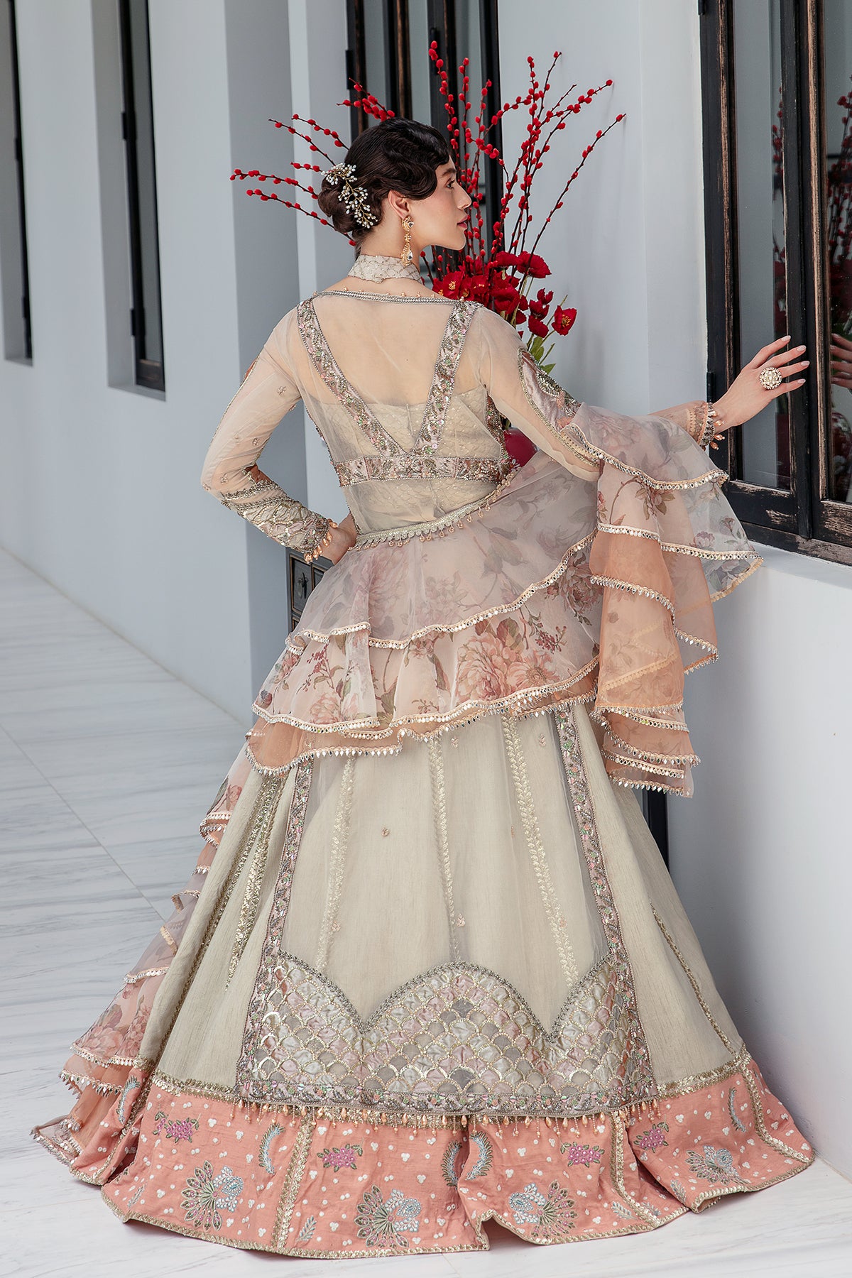 Pakistani Champagne Peach Embellished Luminous Fabric Bridal Gown (2-Piece) - Image 2