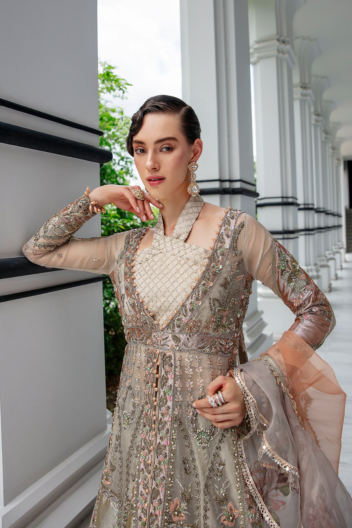 Pakistani Champagne Peach Embellished Luminous Fabric Bridal Gown (2-Piece) - Image 3