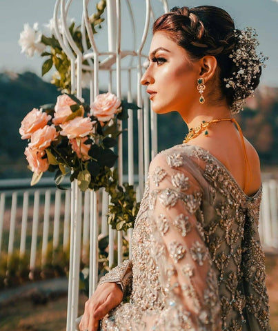 Champagne Embellished Net Organza Bridal Gown (1-Pc) - Image 5